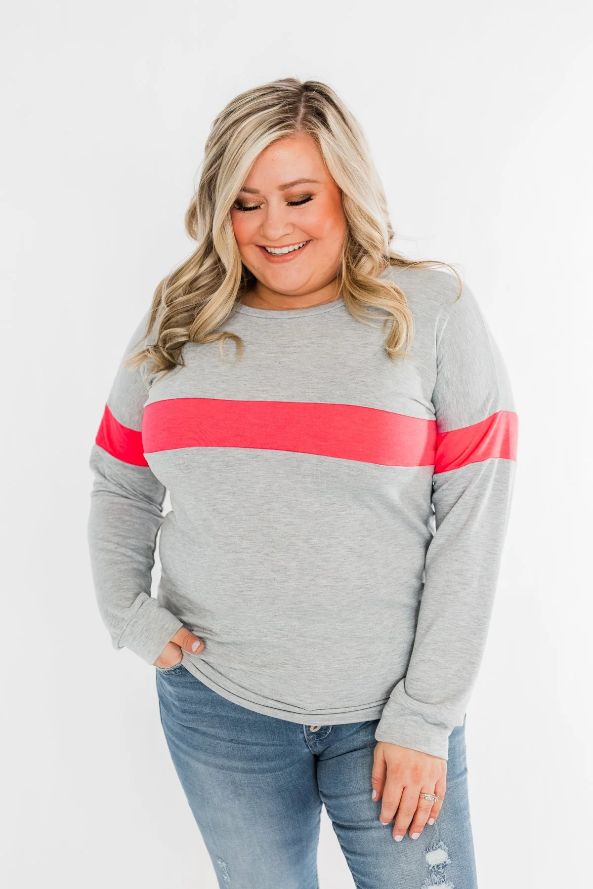 Make No Mistake Long Sleeve Top- Grey & Neon Pink - Image 7