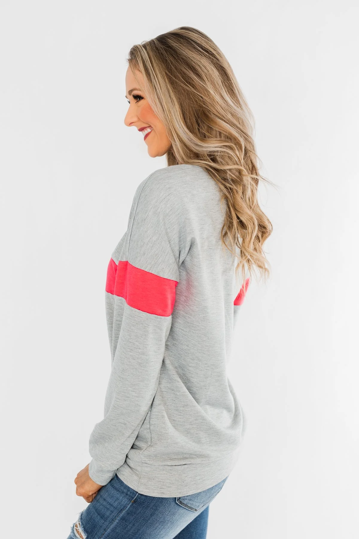 Make No Mistake Long Sleeve Top- Grey & Neon Pink - Image 9