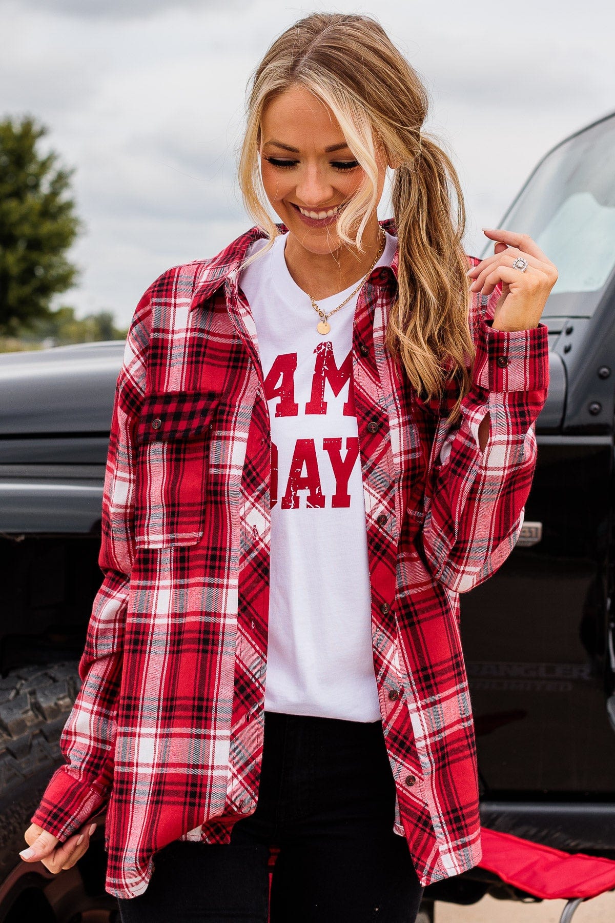 Make Some Noise Plaid Button Top- Red - Image 2