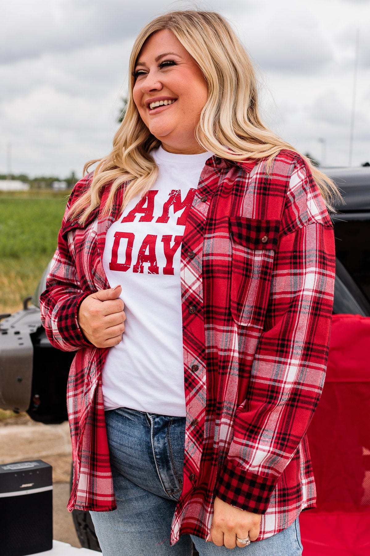 Make Some Noise Plaid Button Top- Red - Image 3