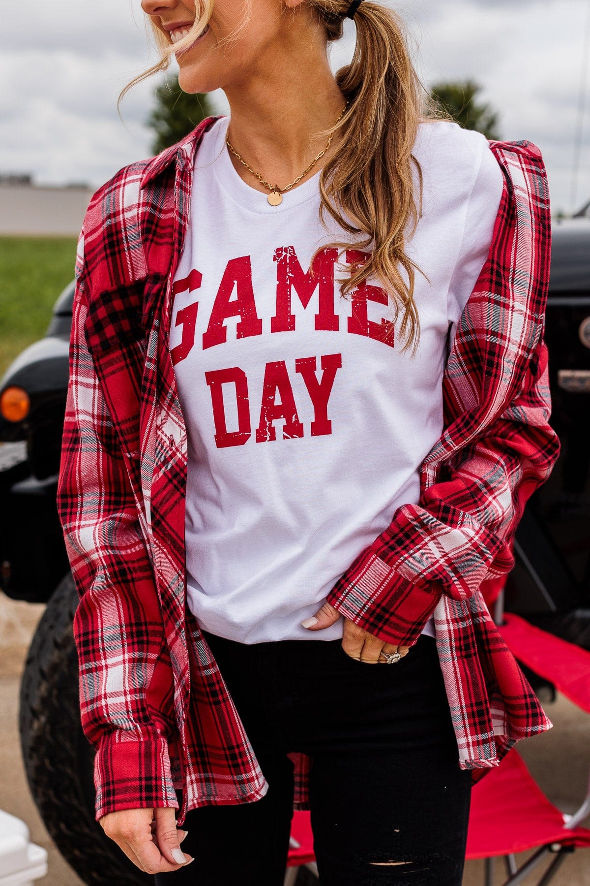Make Some Noise Plaid Button Top- Red - Image 4