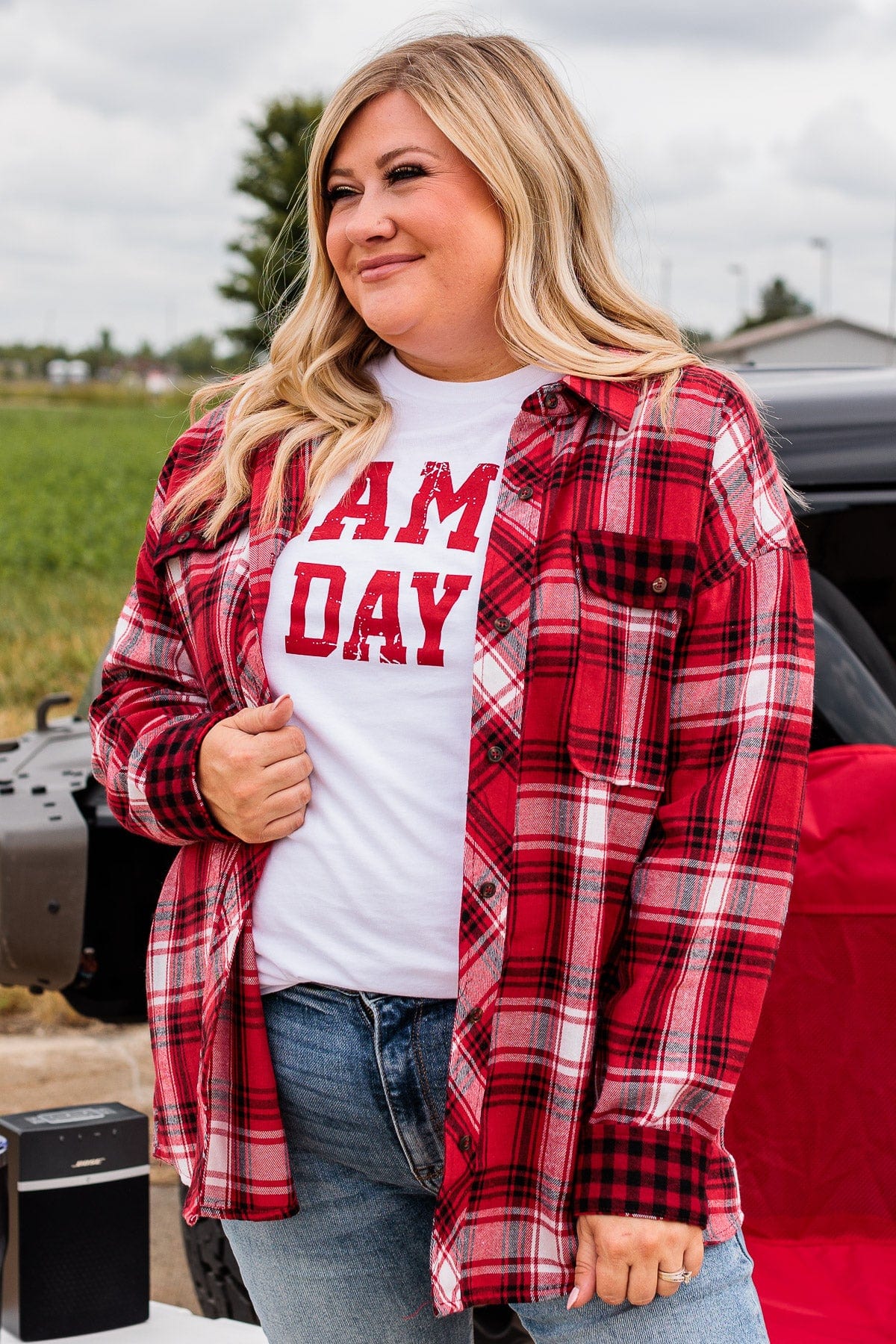Make Some Noise Plaid Button Top- Red - Image 6