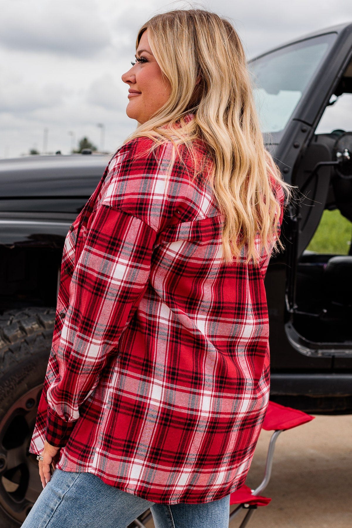 Make Some Noise Plaid Button Top- Red - Image 8