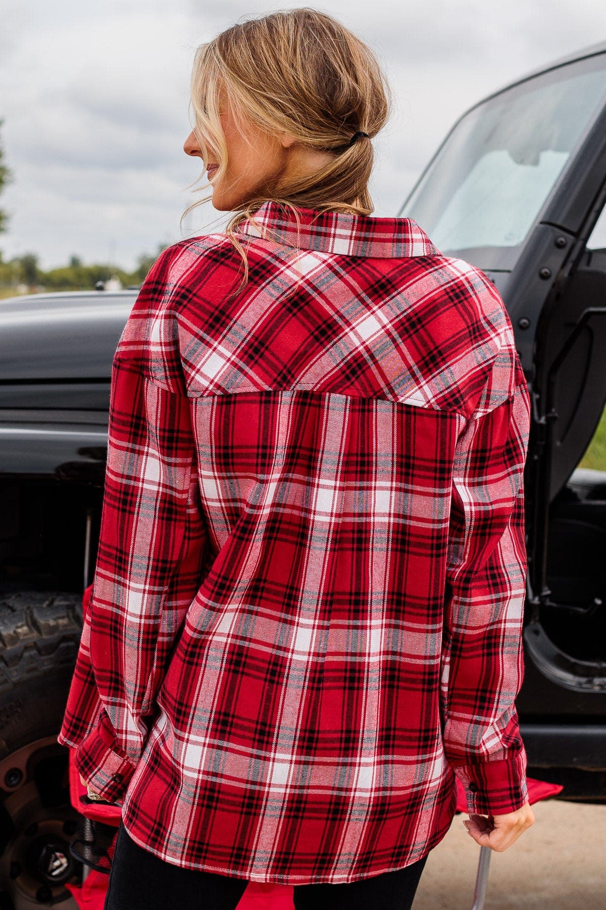 Make Some Noise Plaid Button Top- Red - Image 9