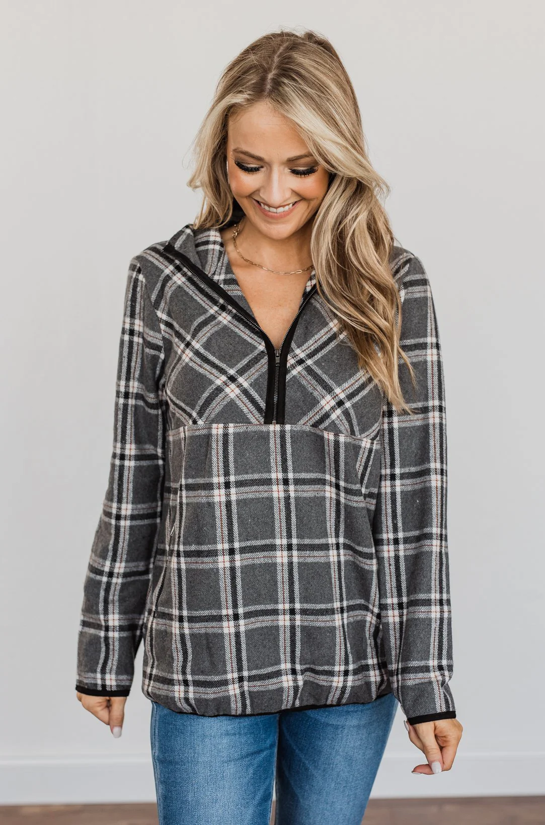 Make Them Smile Quarter Zip Flannel Jacket- Charcoal & Rust - Image 2