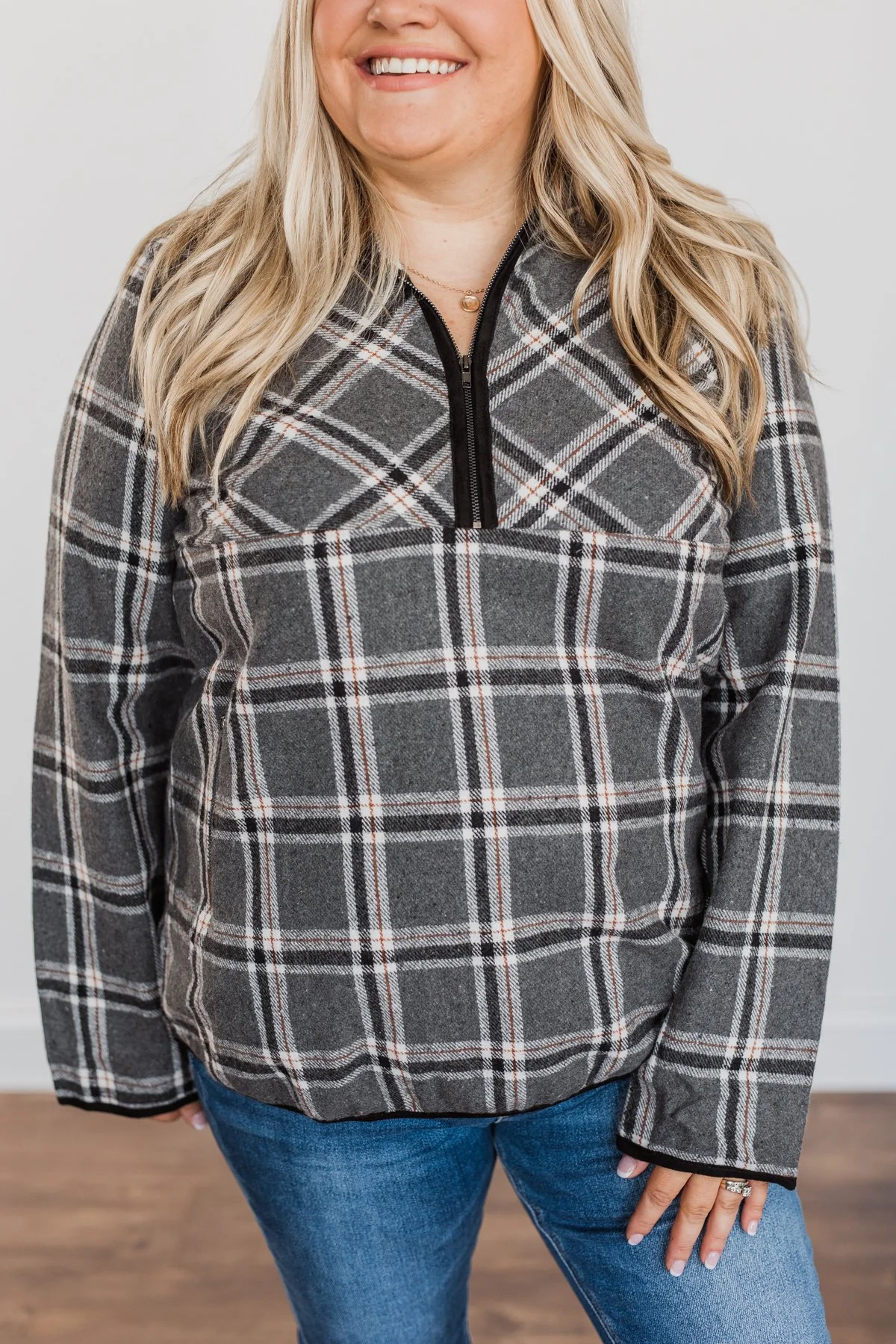 Make Them Smile Quarter Zip Flannel Jacket- Charcoal & Rust - Image 3