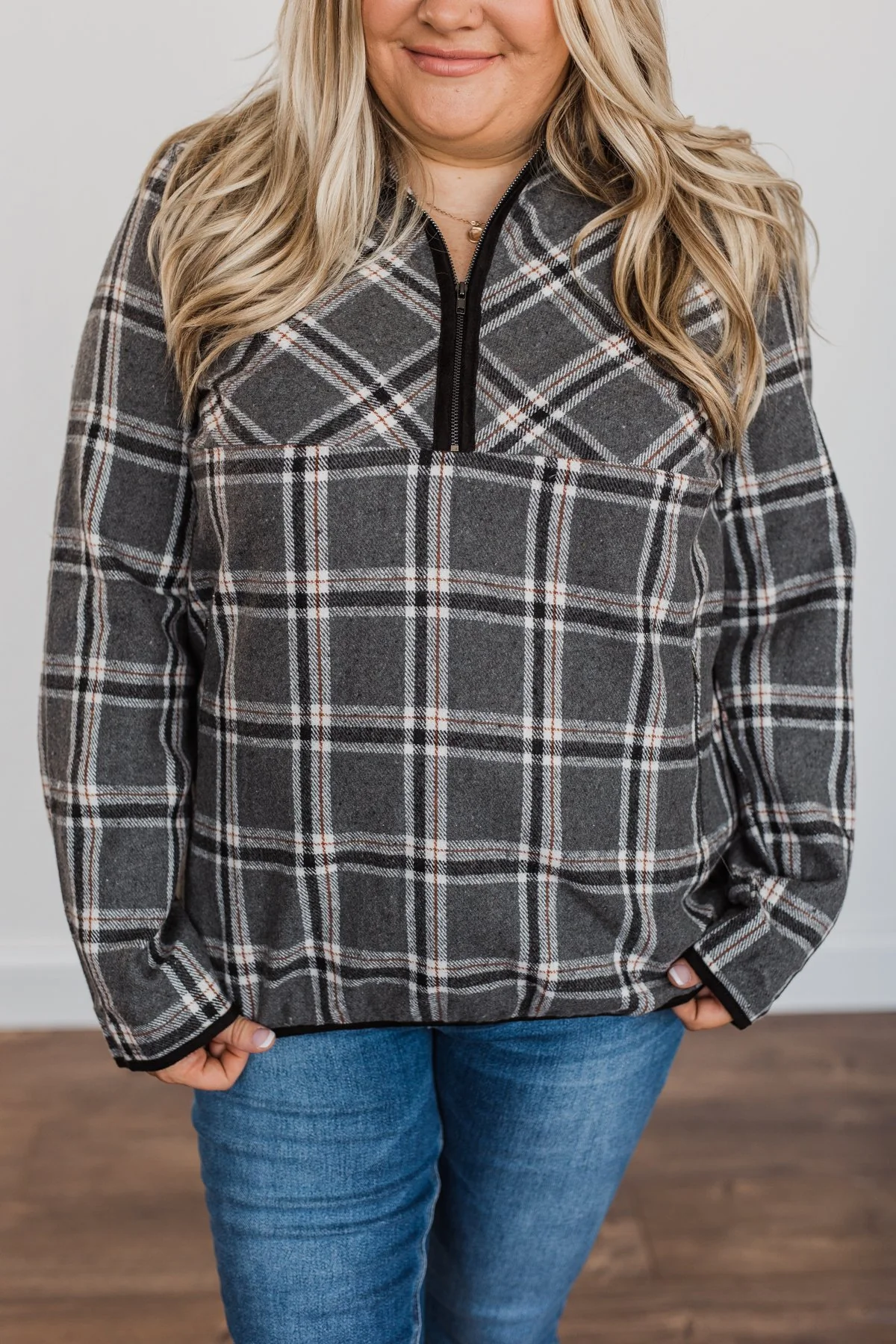 Make Them Smile Quarter Zip Flannel Jacket- Charcoal & Rust - Image 5
