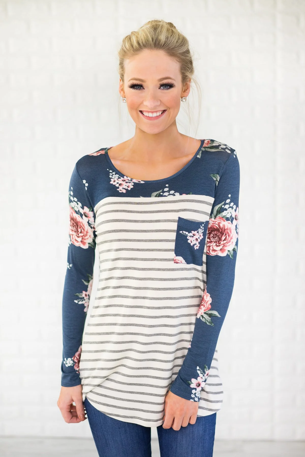 Make You Mine Floral & Stripes Pocket Top