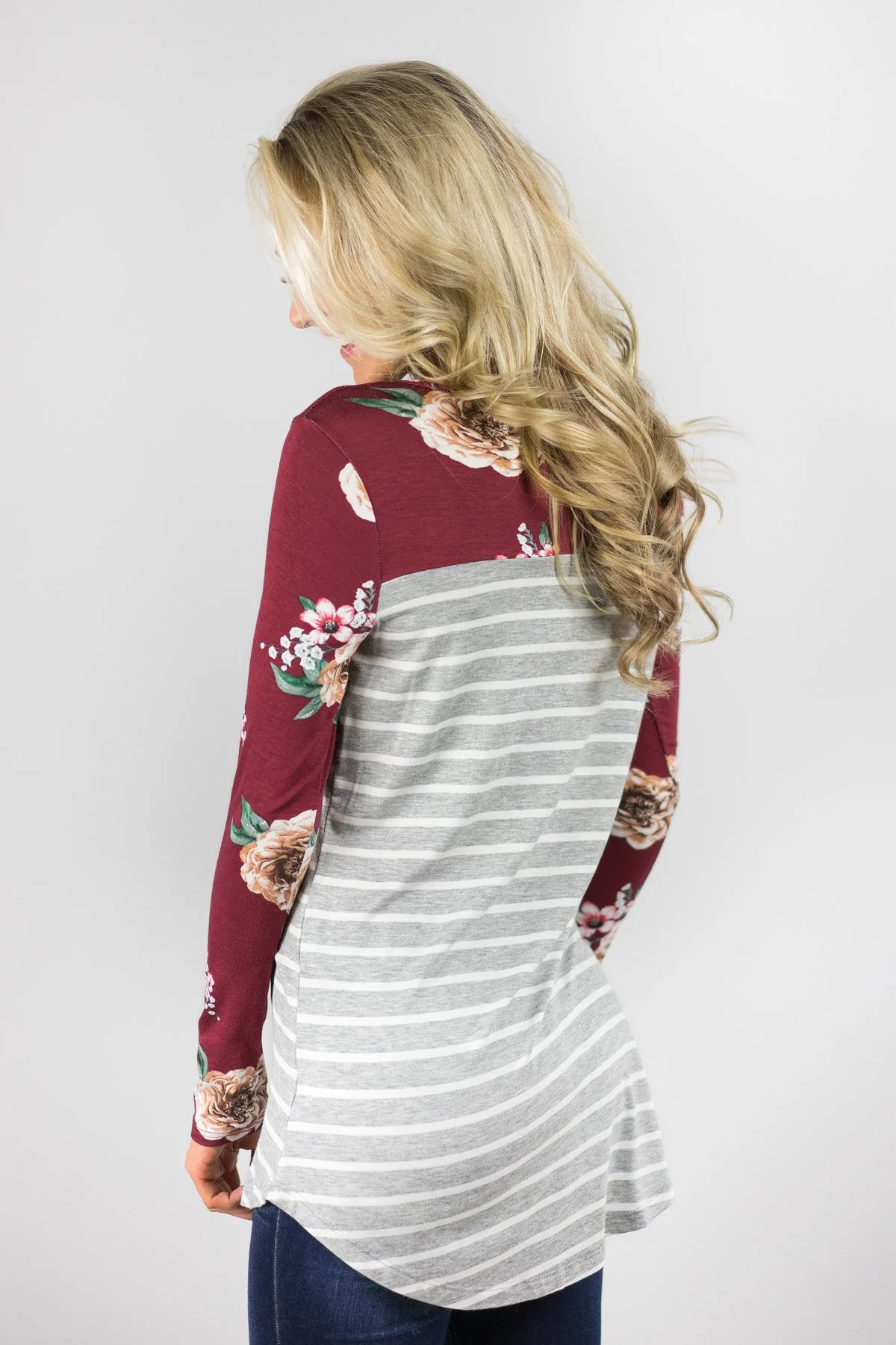 Make You Mine Floral & Stripes Pocket Top - Wine - Image 3