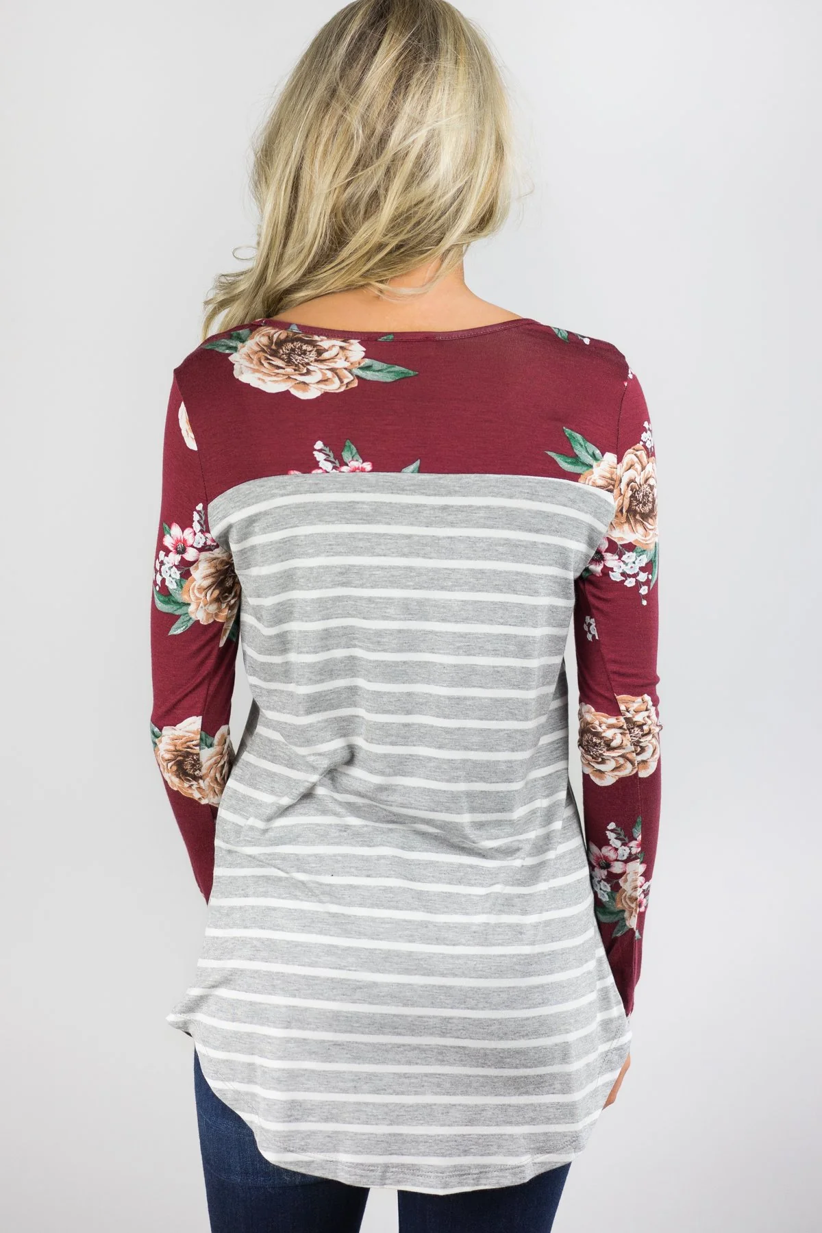 Make You Mine Floral & Stripes Pocket Top - Wine - Image 4