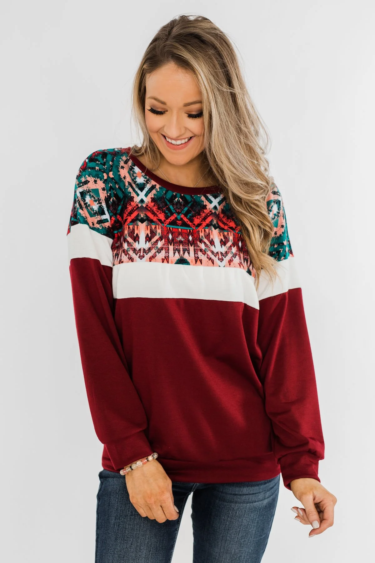 Make Your Day Aztec Pullover Top- Maroon