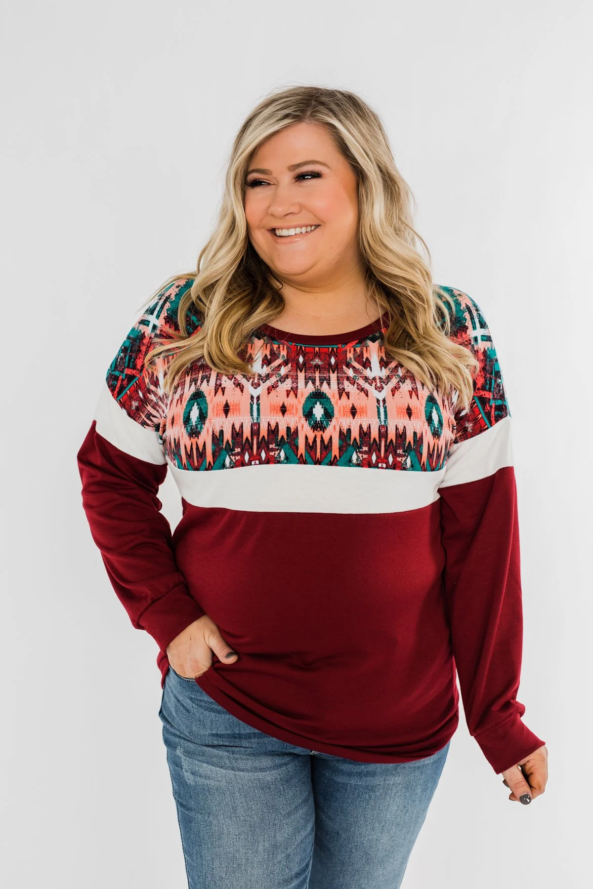 Make Your Day Aztec Pullover Top- Maroon - Image 3