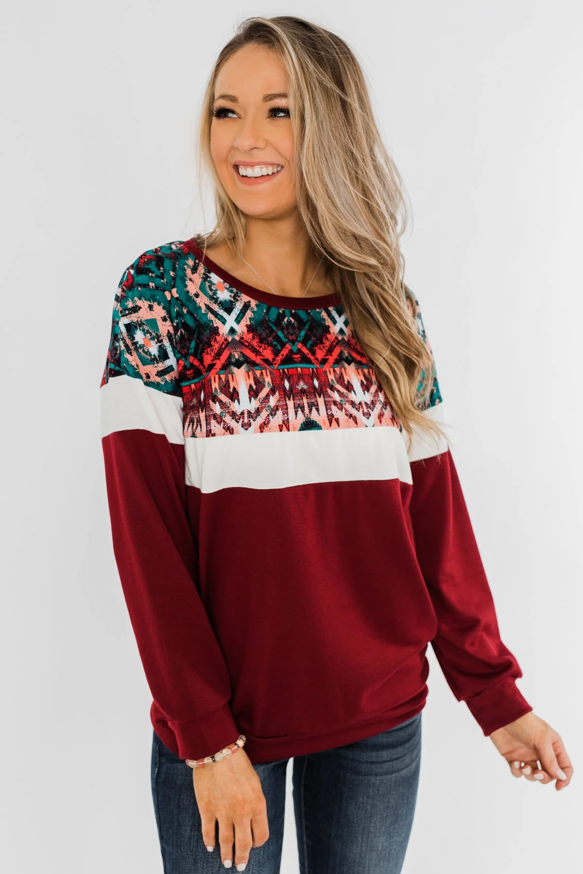Make Your Day Aztec Pullover Top- Maroon - Image 4