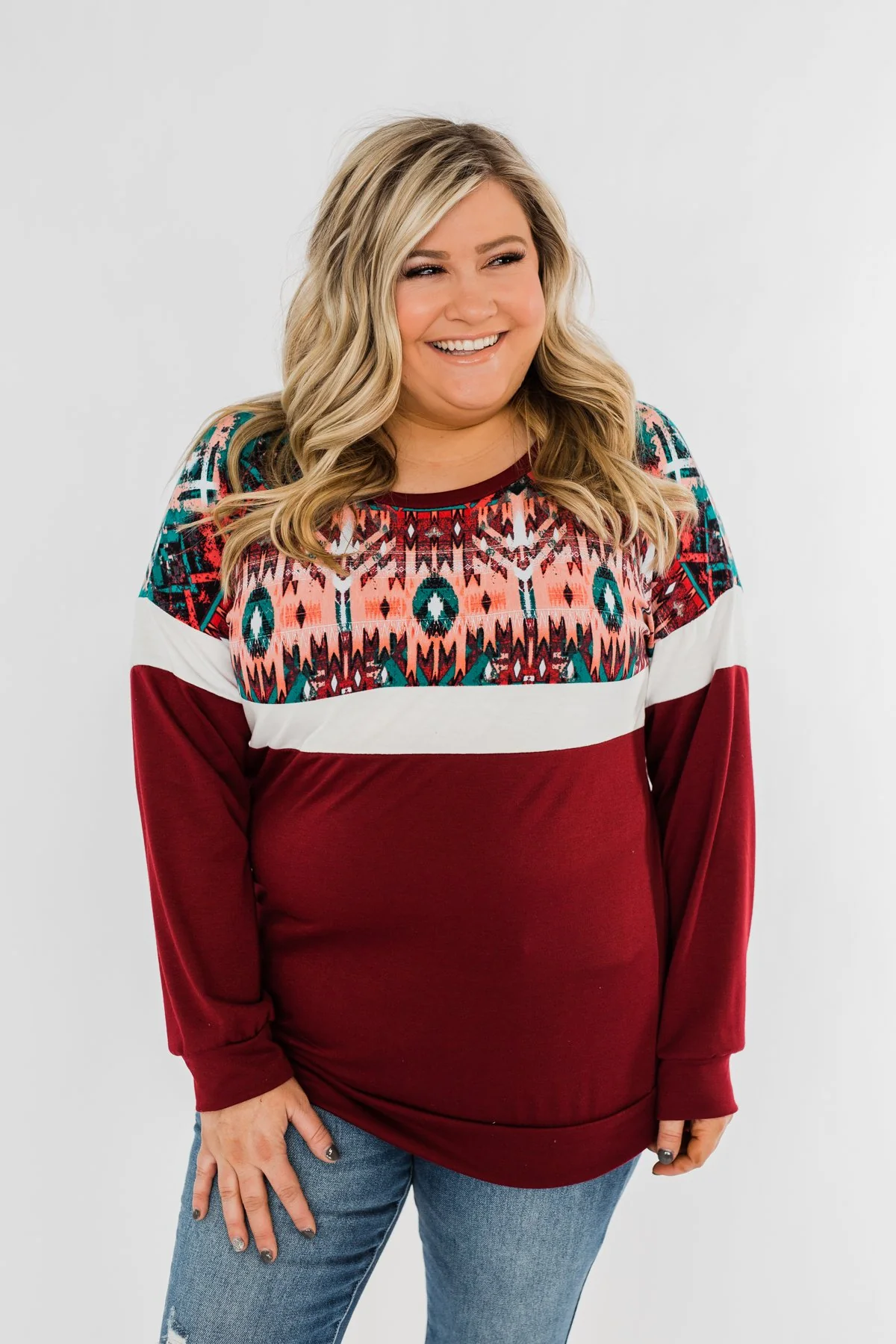 Make Your Day Aztec Pullover Top- Maroon - Image 5
