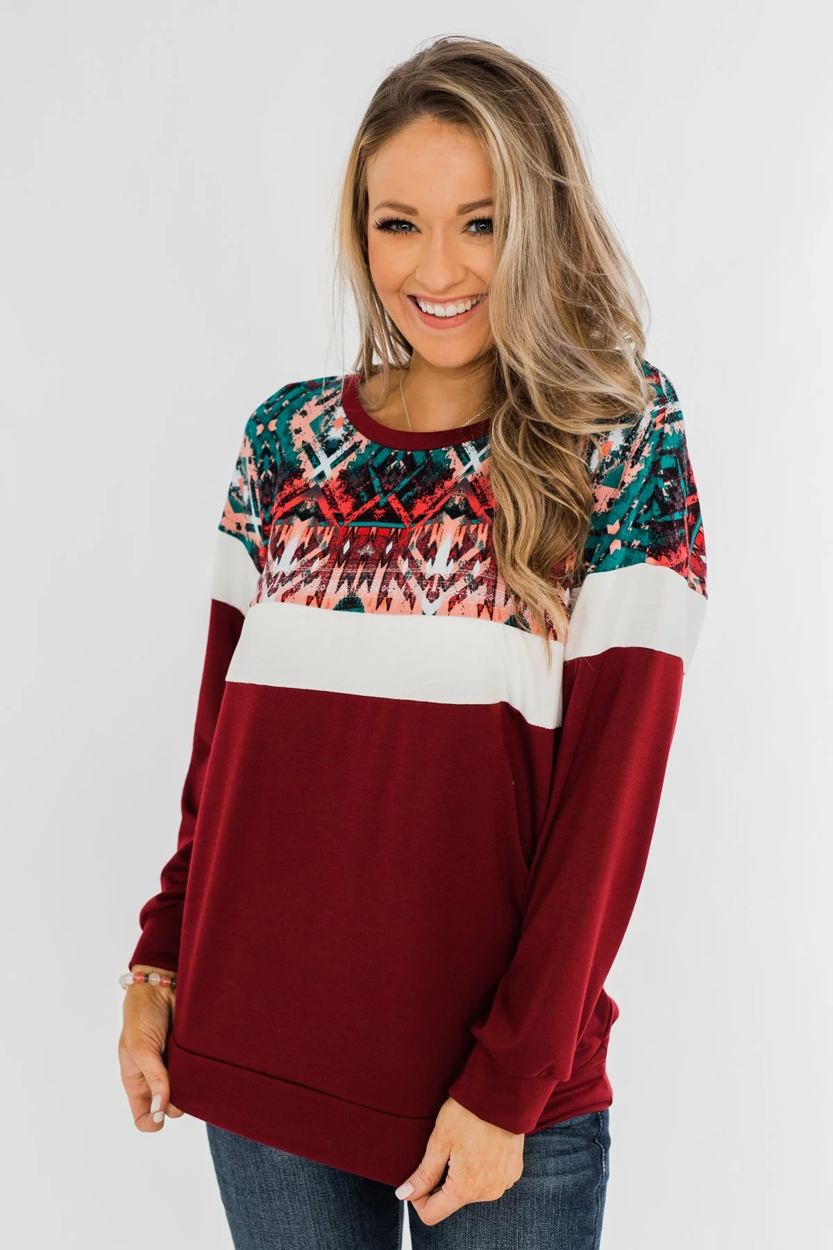 Make Your Day Aztec Pullover Top- Maroon - Image 6