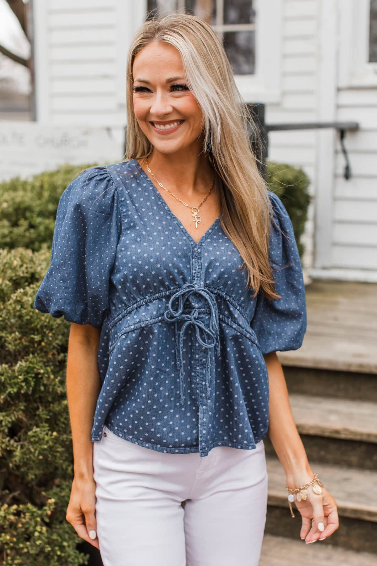 Make Your Debut Puff Sleeve Tie Blouse- Dark Denim - Image 2