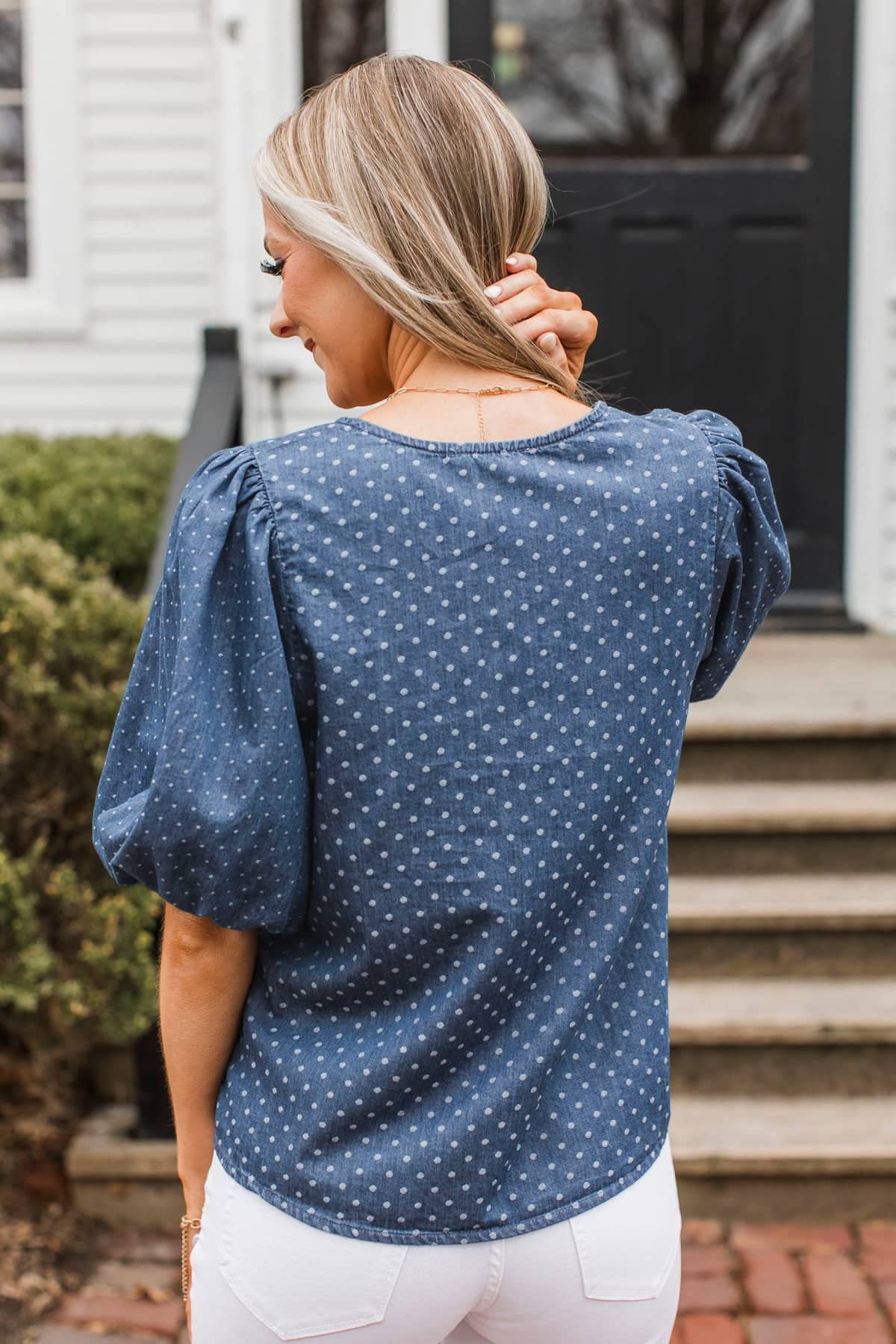 Make Your Debut Puff Sleeve Tie Blouse- Dark Denim - Image 8