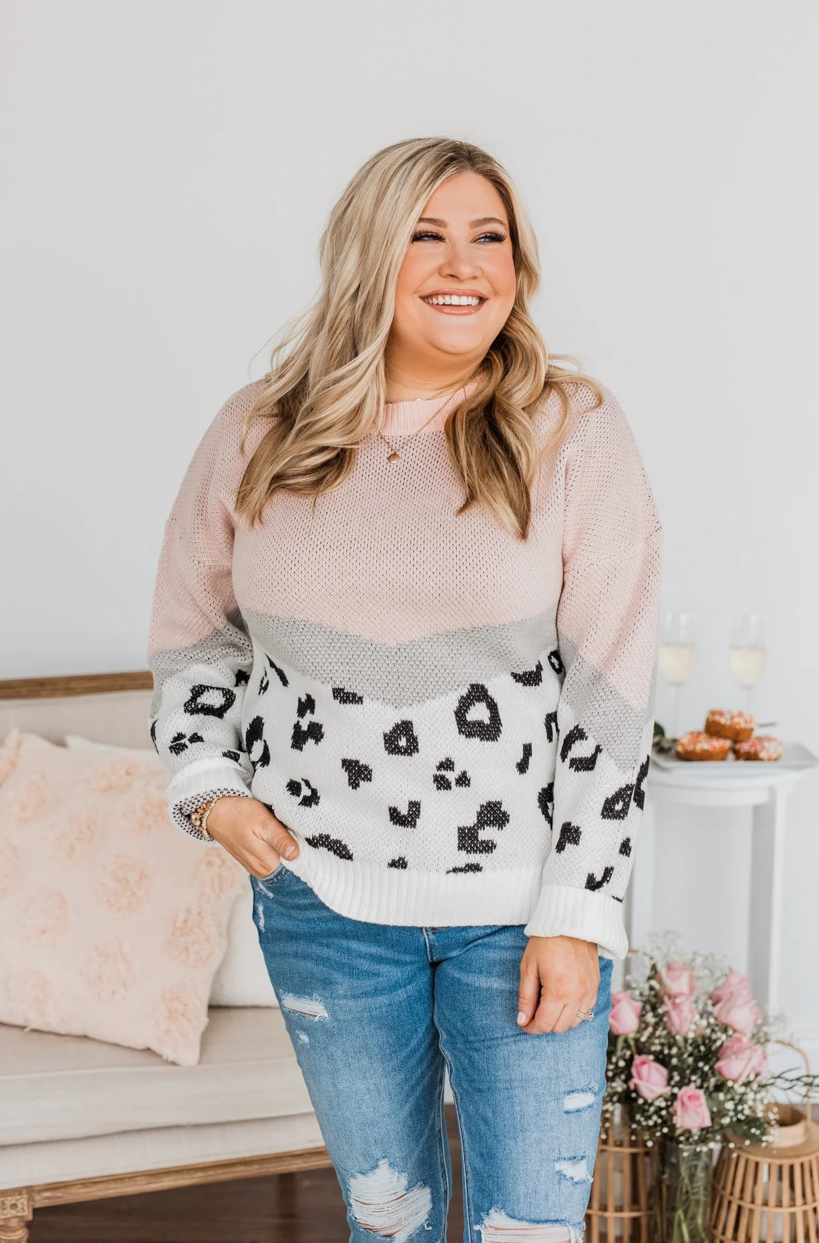 Makes My Heart Melt Color Block Sweater- Blush, Grey, & Ivory - Image 3