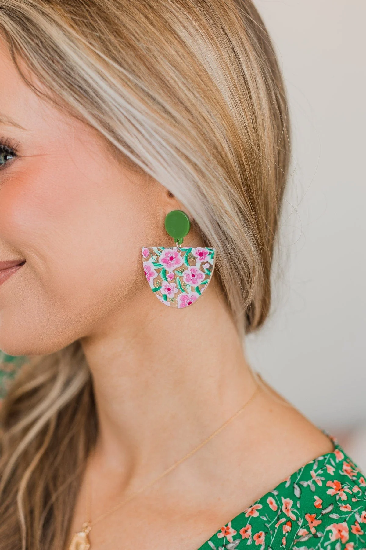 Making Headlines Floral Earrings- Green & Pink