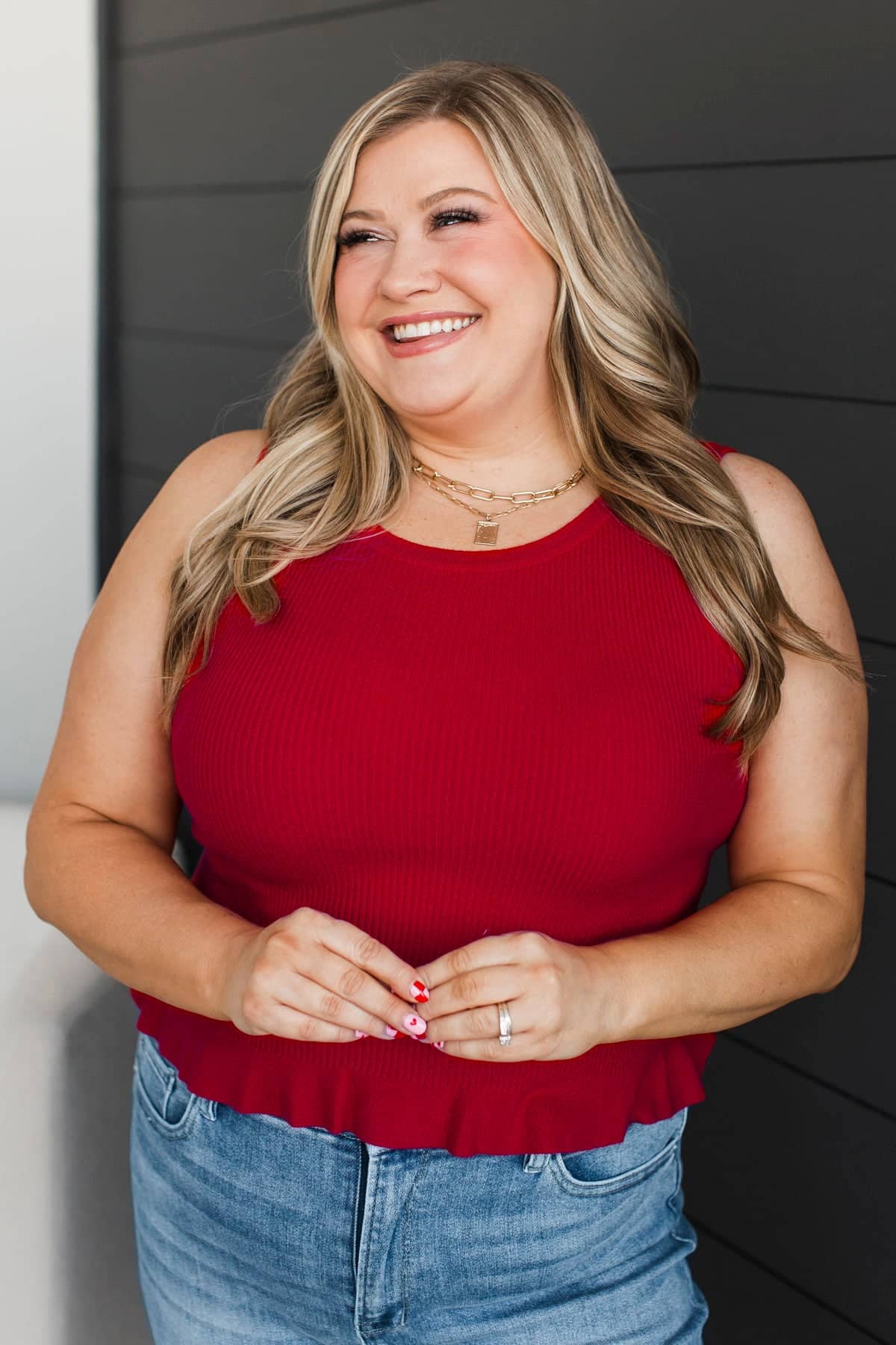 Making Life Great Ribbed Peplum Tank Top- Red - Image 3