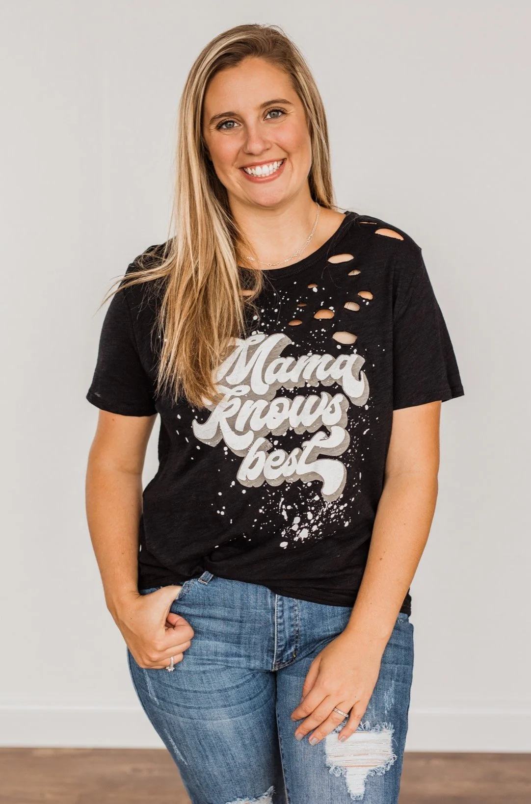 "Mama Knows Best" Distressed Graphic Tee- Black - Image 3