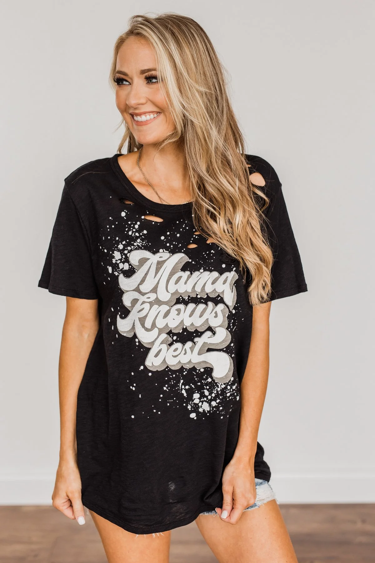 "Mama Knows Best" Distressed Graphic Tee- Black - Image 4