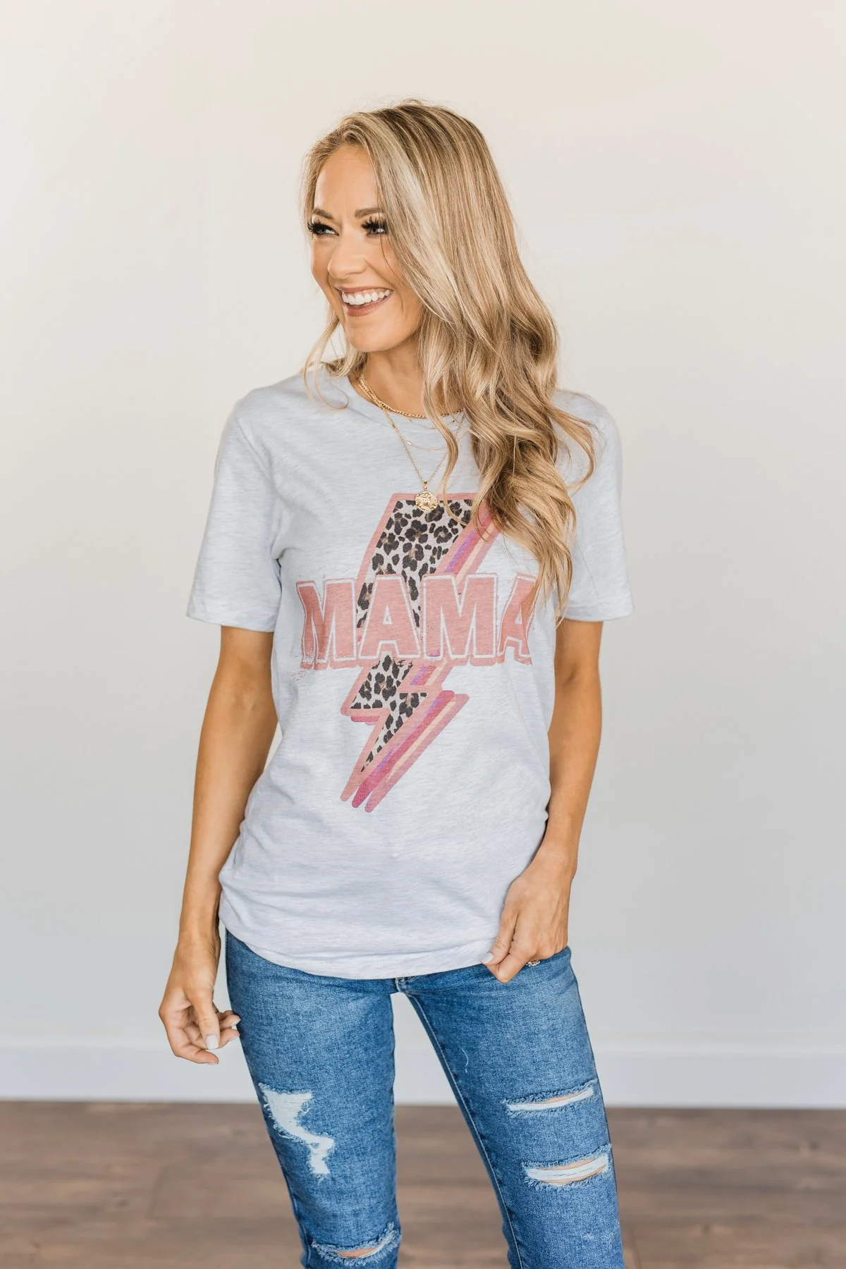 "Mama" Leopard Lightning Bolt Graphic Tee- Heather Grey - Image 2
