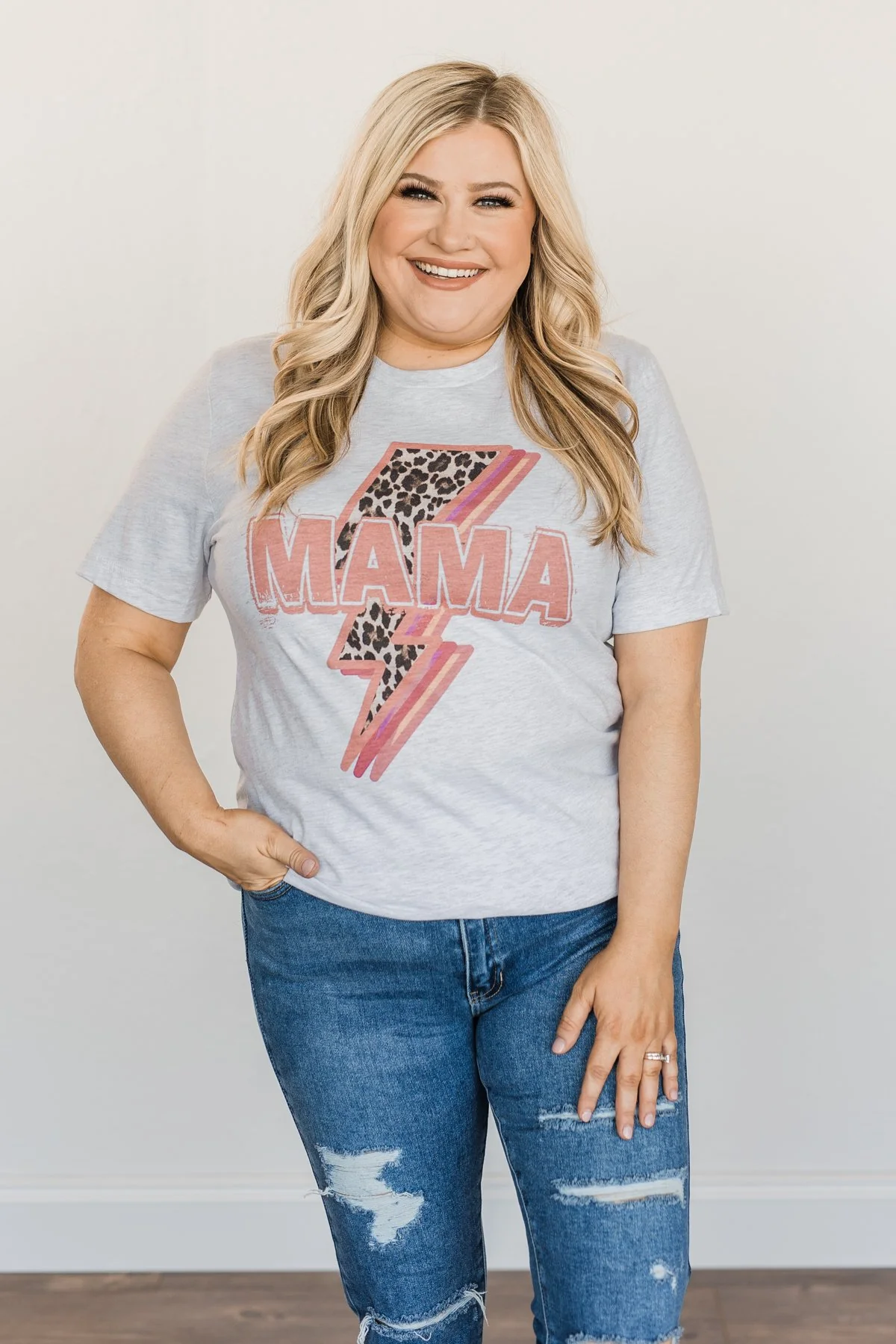 "Mama" Leopard Lightning Bolt Graphic Tee- Heather Grey - Image 3