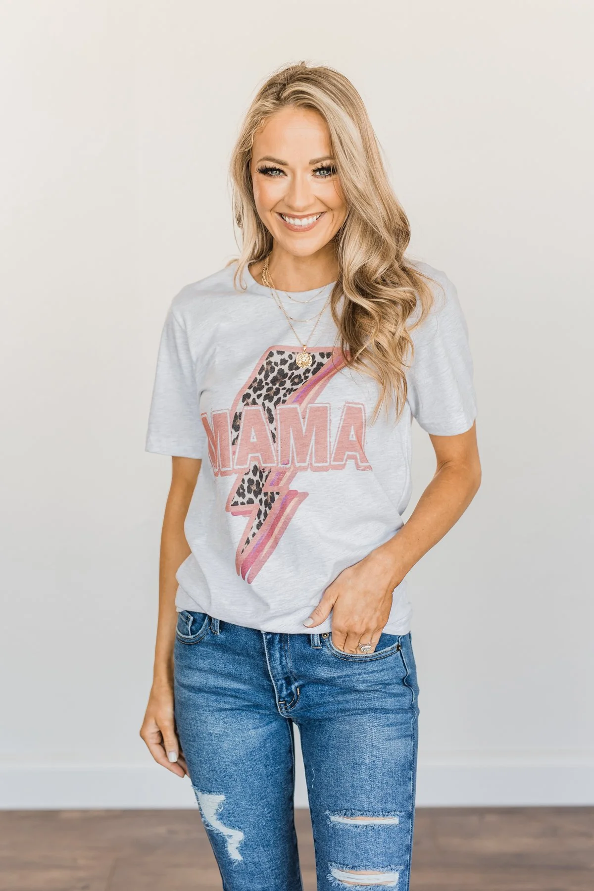 "Mama" Leopard Lightning Bolt Graphic Tee- Heather Grey - Image 5
