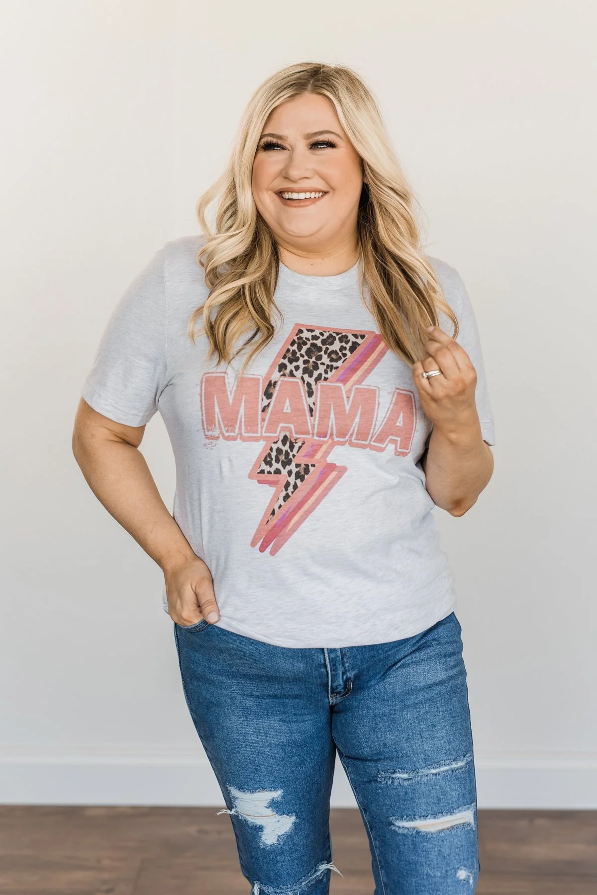 "Mama" Leopard Lightning Bolt Graphic Tee- Heather Grey - Image 6