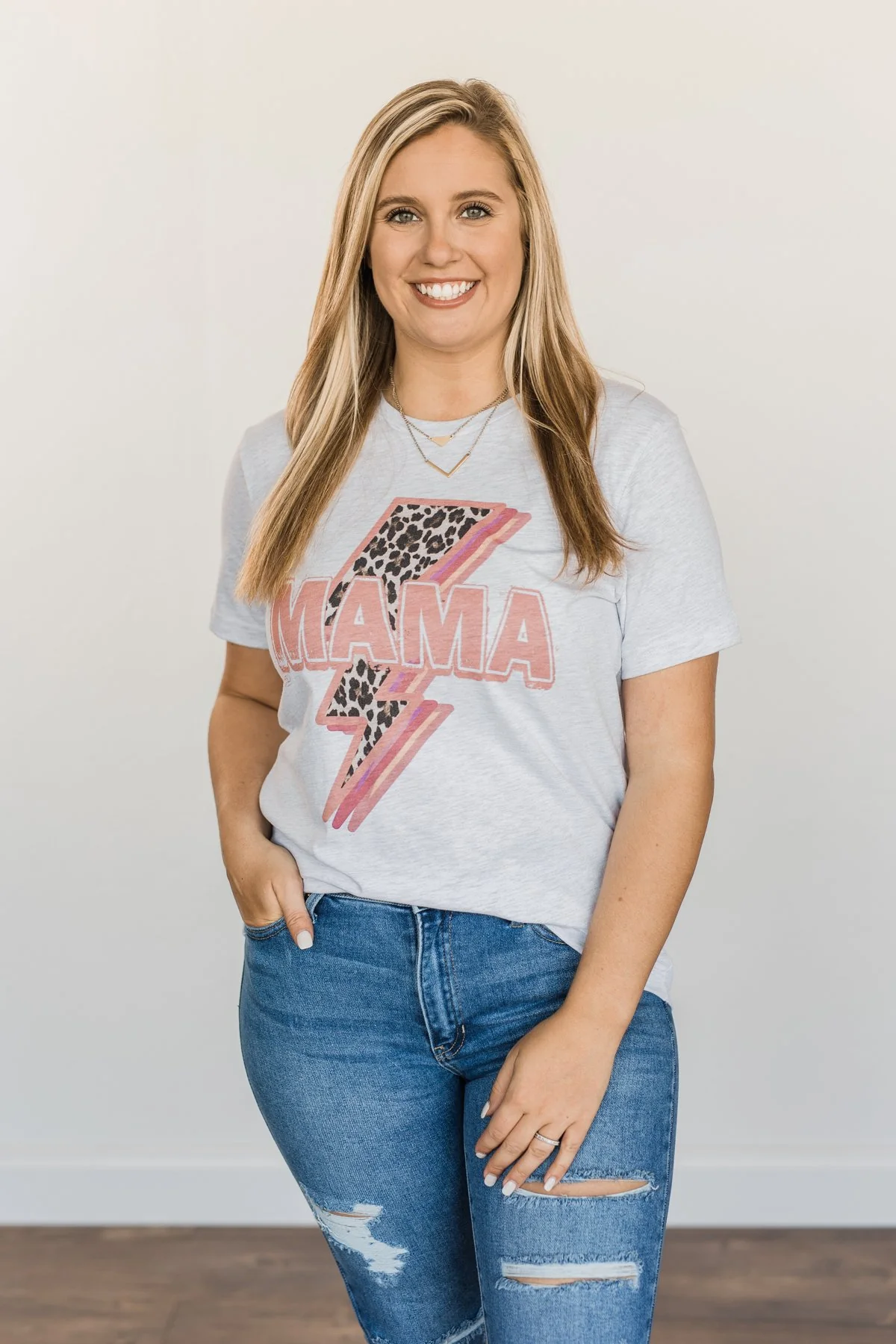 "Mama" Leopard Lightning Bolt Graphic Tee- Heather Grey - Image 7