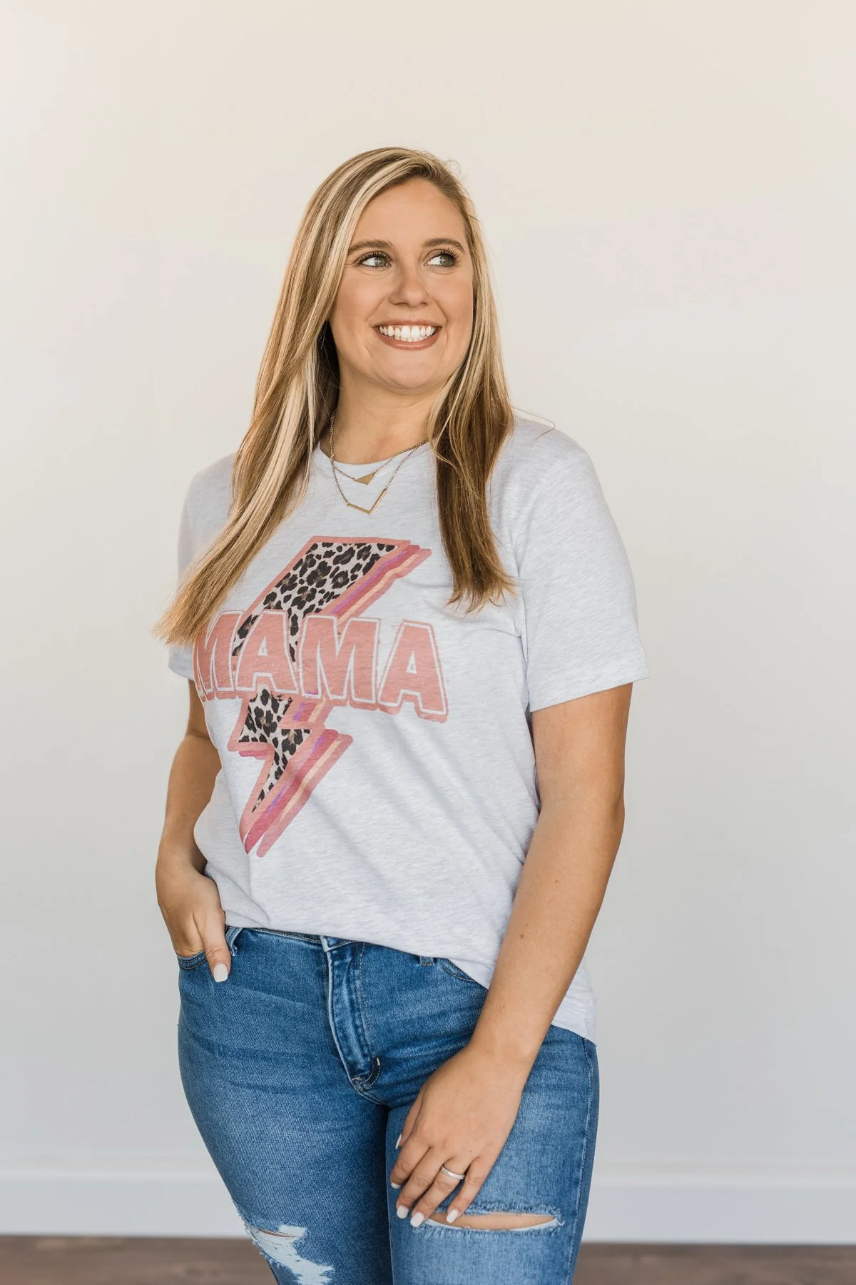 "Mama" Leopard Lightning Bolt Graphic Tee- Heather Grey - Image 9