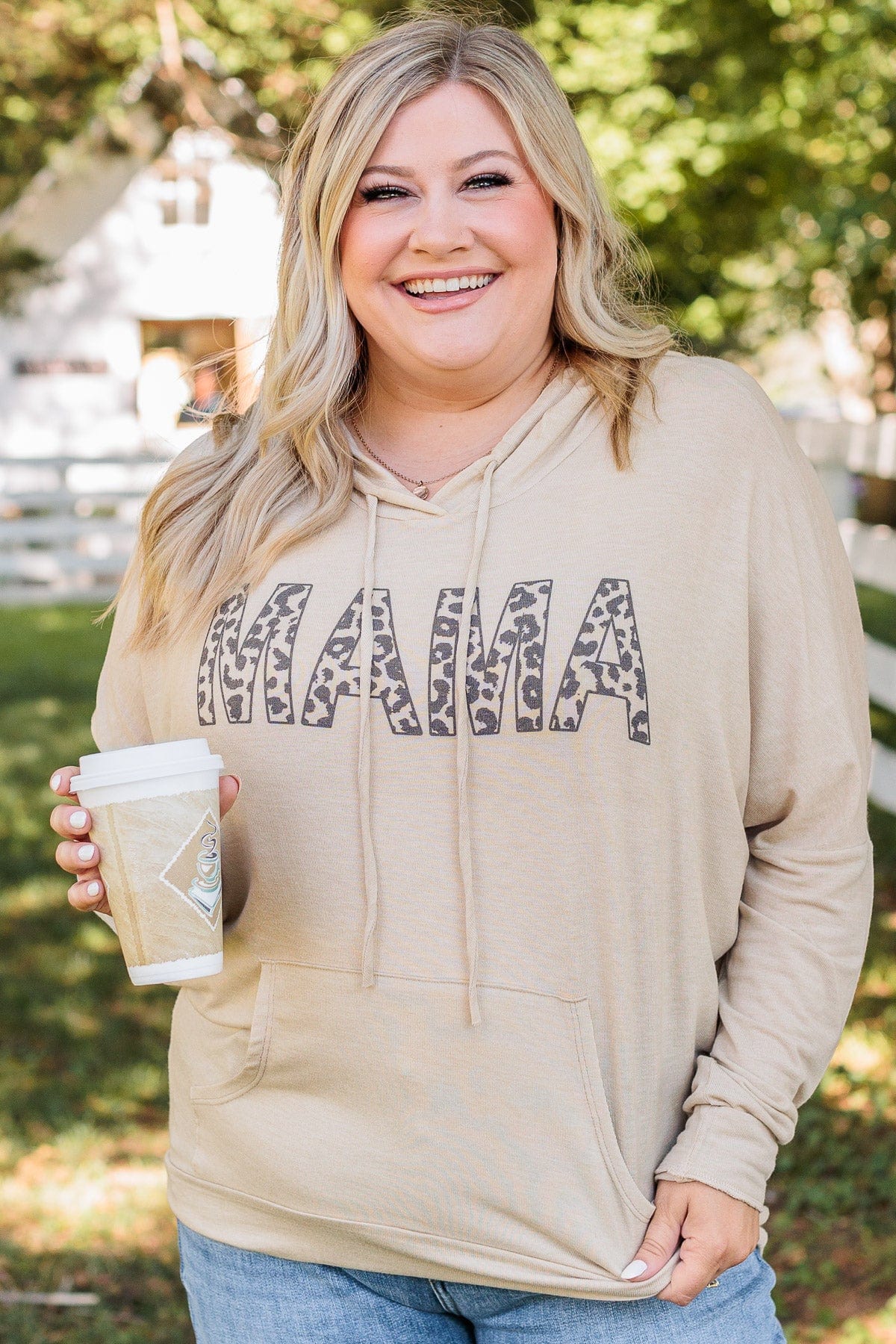 "Mama" Lightweight Drawstring Hoodie- Beige - Image 6