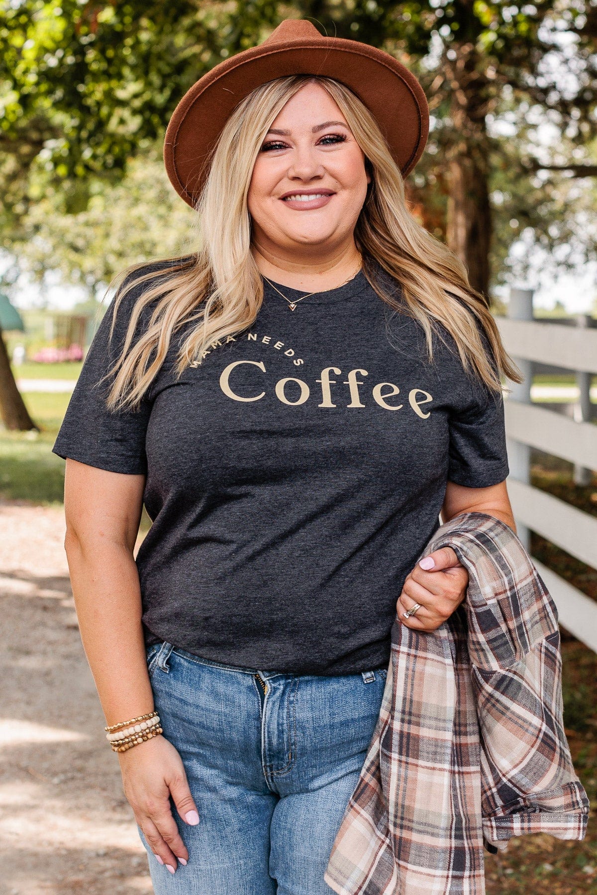 "Mama Needs Coffee" Graphic Tee- Dark Heather Grey - Image 3