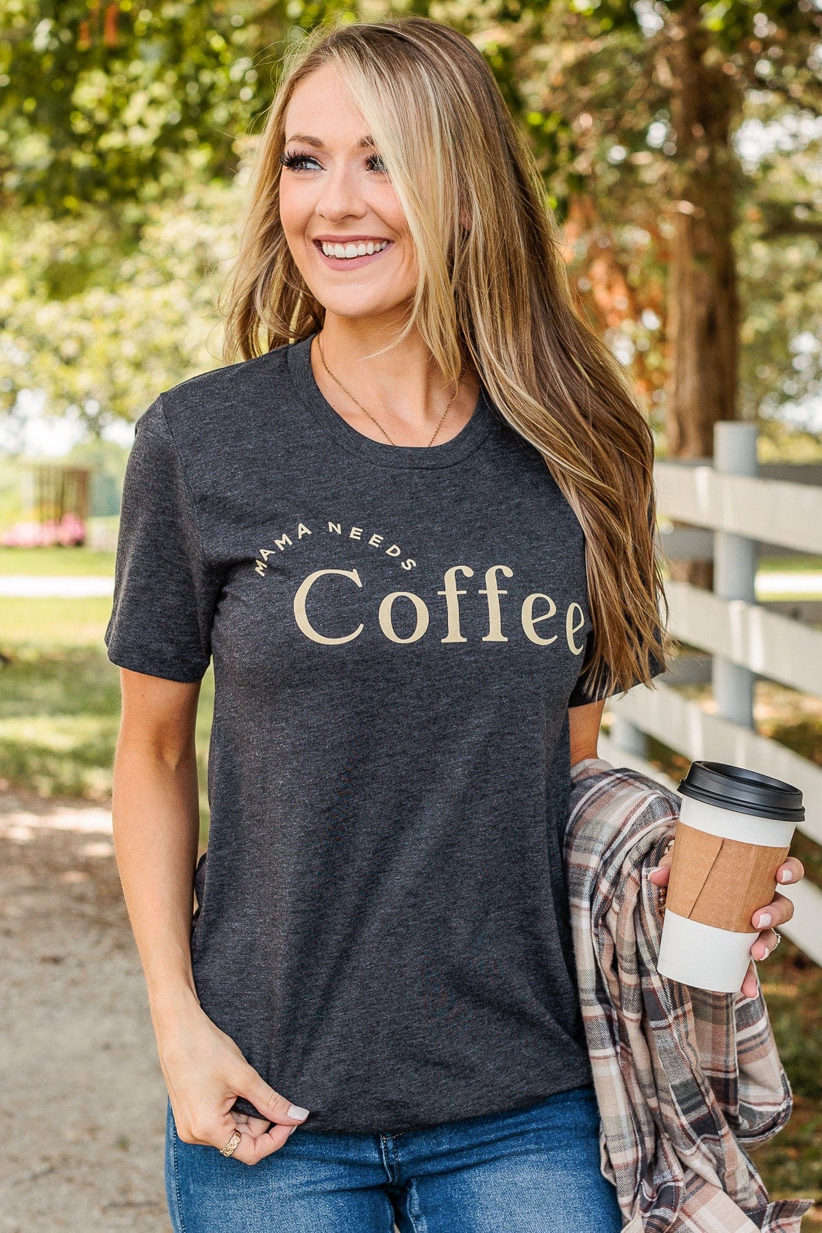 "Mama Needs Coffee" Graphic Tee- Dark Heather Grey - Image 4
