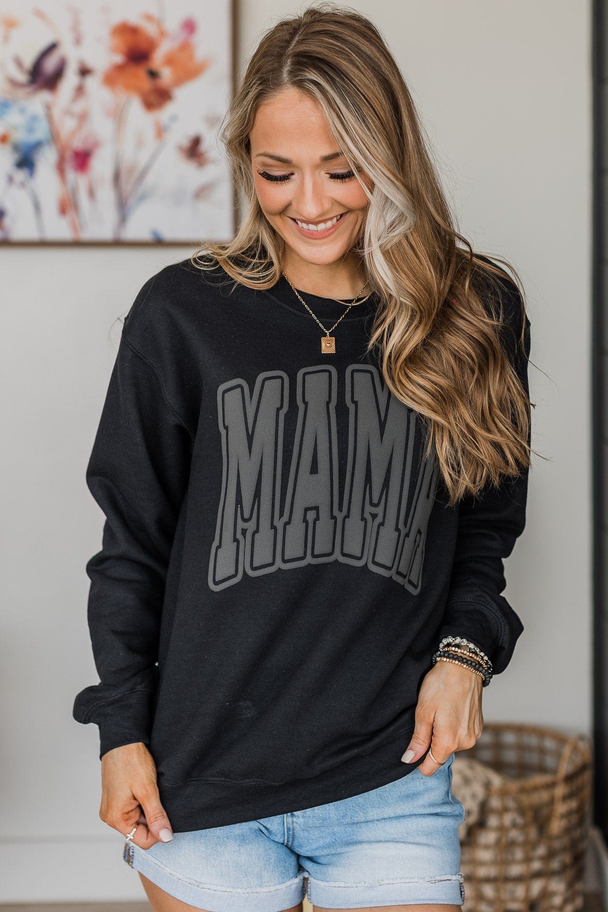 "Mama" Varsity Crew Neck Pullover- Black - Image 2