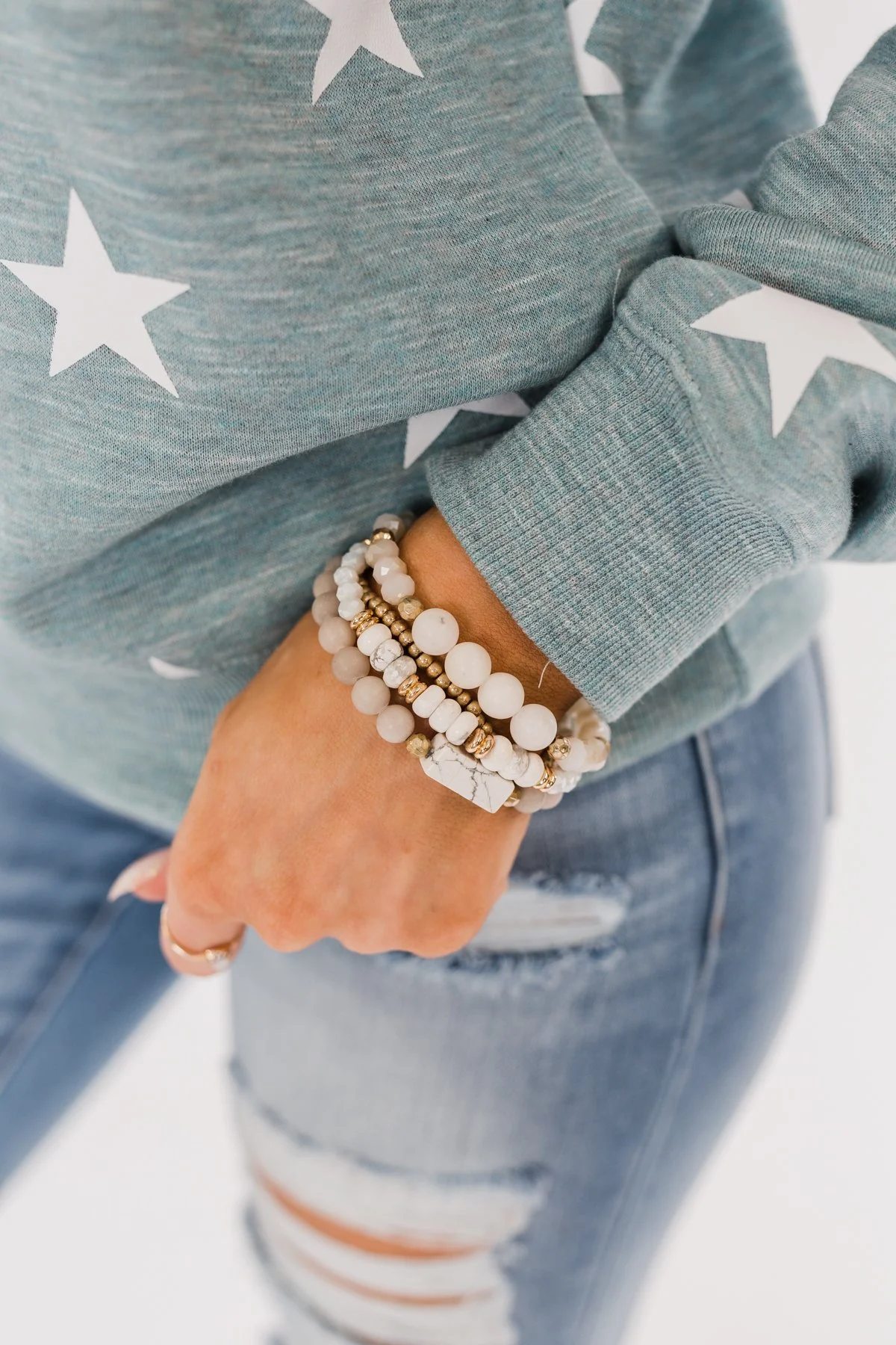 Marble Beaded Bracelet Set- Ivory & Gold - Image 2