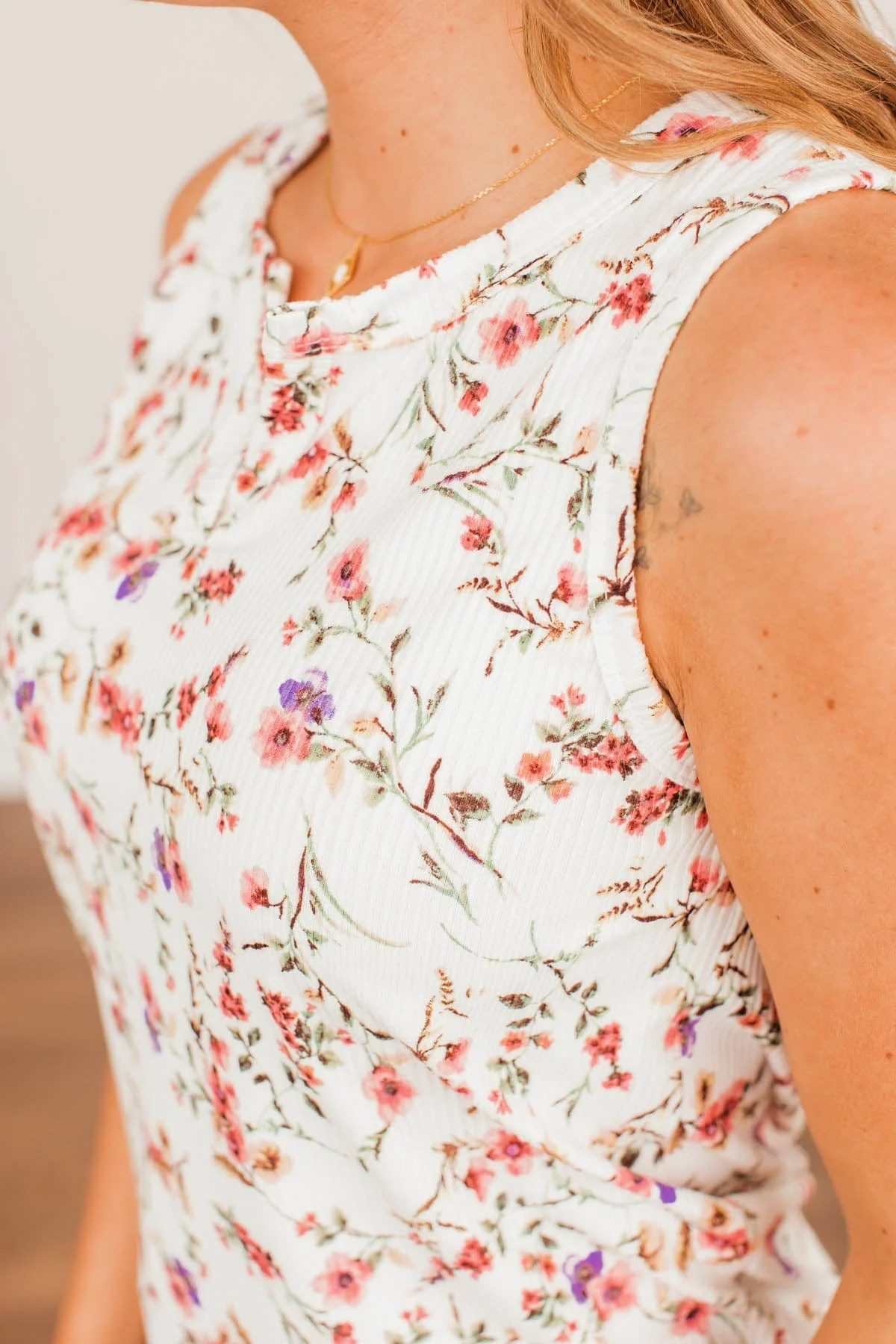 Marigold Melodies Ribbed Floral Tank- Ivory - Image 3