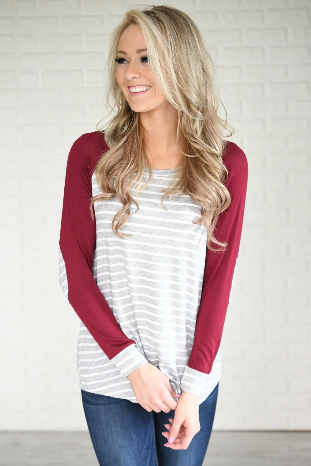 Maroon Striped Elbow Patch Top - Image 2