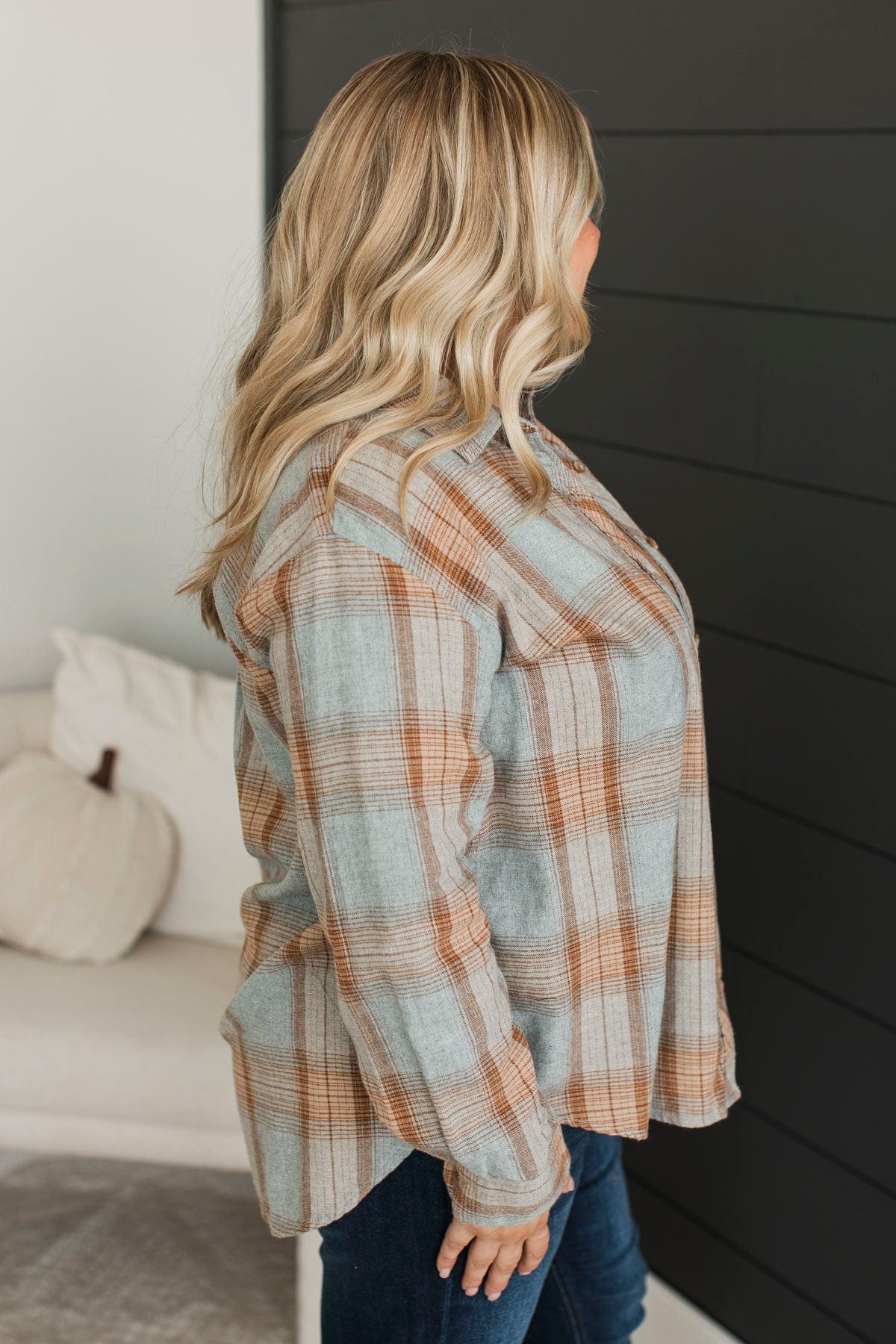 Matter Of Fact Plaid Button Top- Cool Grey & Caramel - Image 3