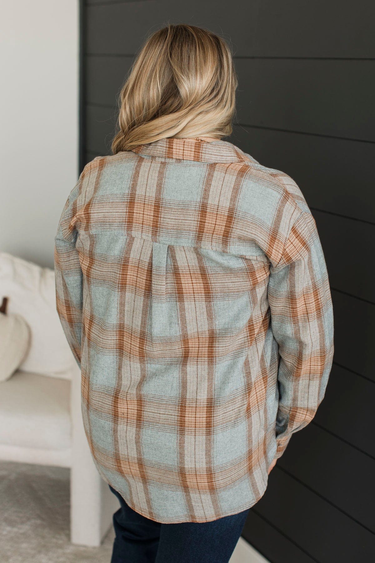 Matter Of Fact Plaid Button Top- Cool Grey & Caramel - Image 4