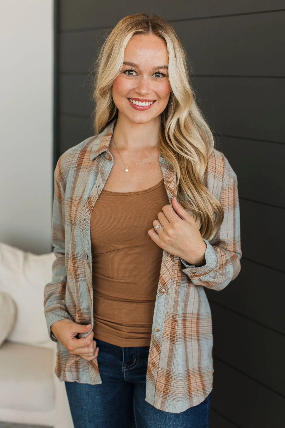Matter Of Fact Plaid Button Top- Cool Grey & Caramel - Image 5