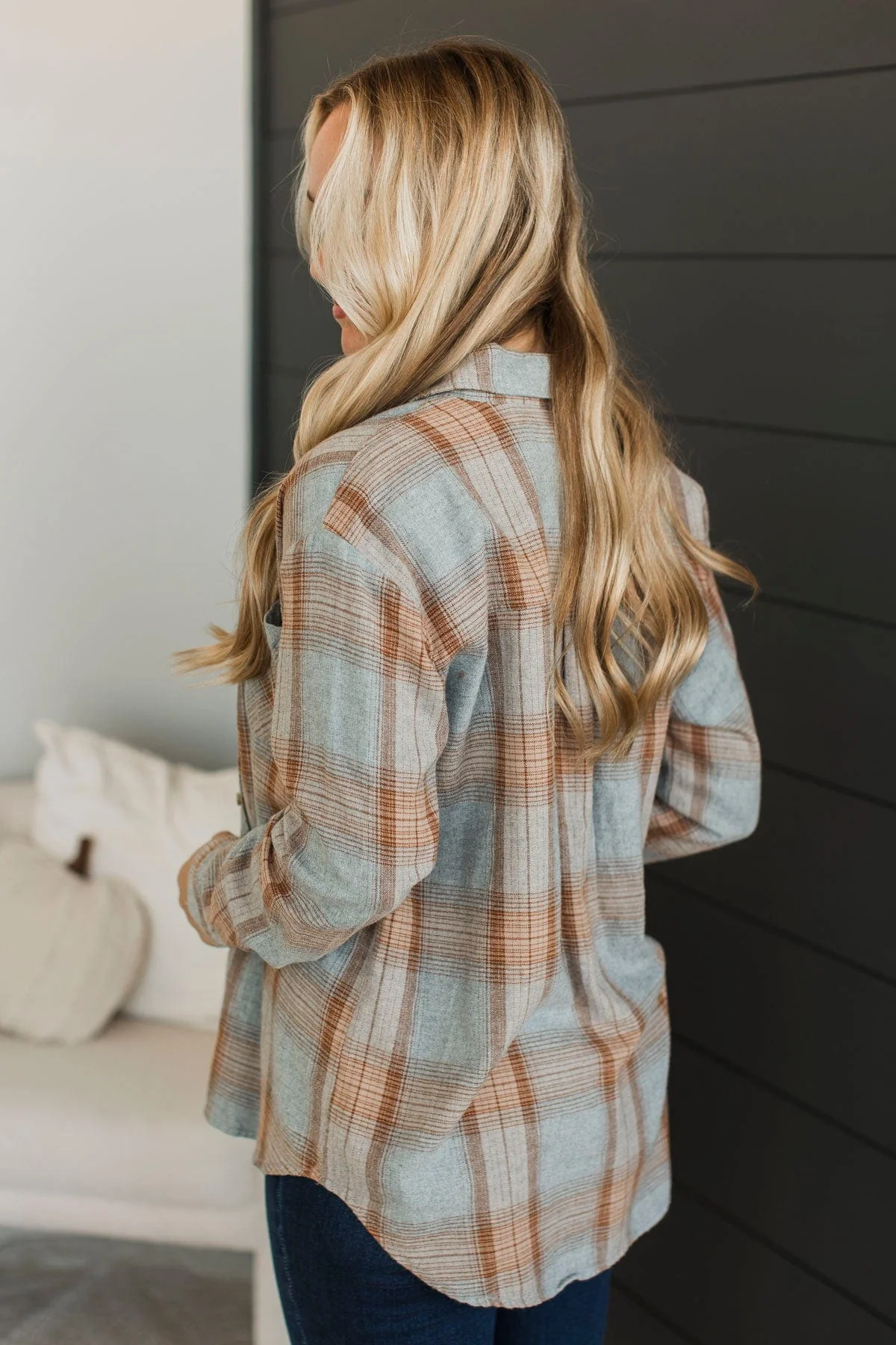 Matter Of Fact Plaid Button Top- Cool Grey & Caramel - Image 6