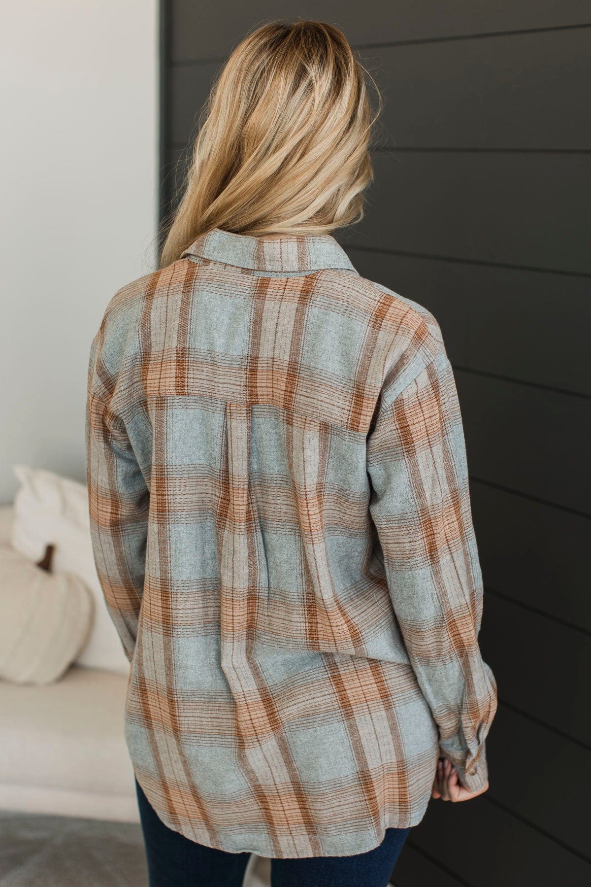 Matter Of Fact Plaid Button Top- Cool Grey & Caramel - Image 7