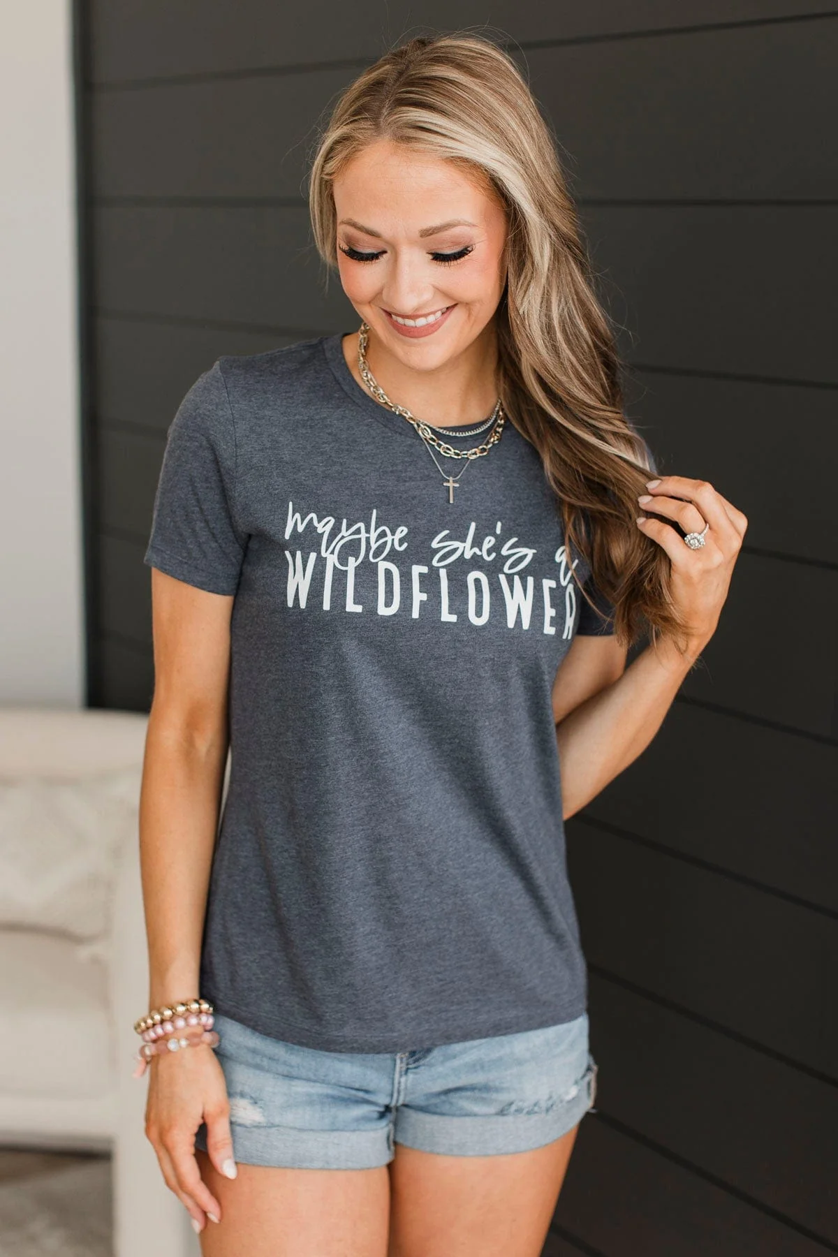 "Maybe She's A Wildflower" Graphic Tee- Navy - Image 2