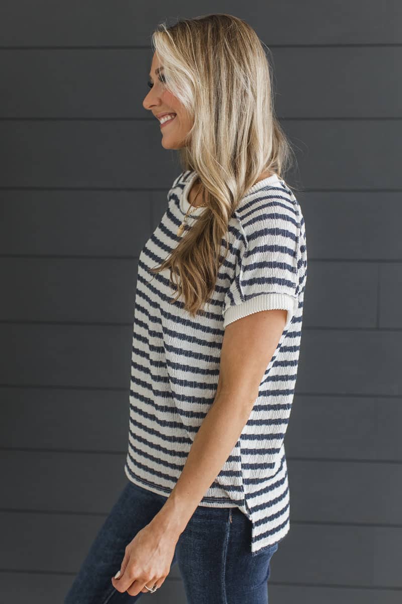 Meant To Remember Short Sleeve Striped Top- Ivory & Navy - Image 5