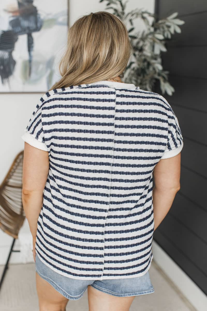 Meant To Remember Short Sleeve Striped Top- Ivory & Navy - Image 8
