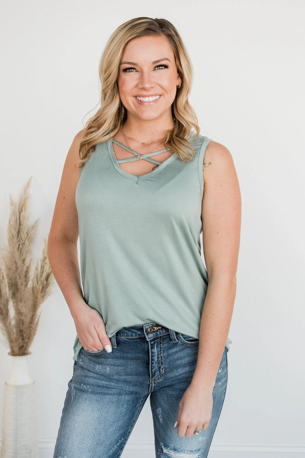 Meant What I Said Criss-Cross Tank- Sage - Image 14