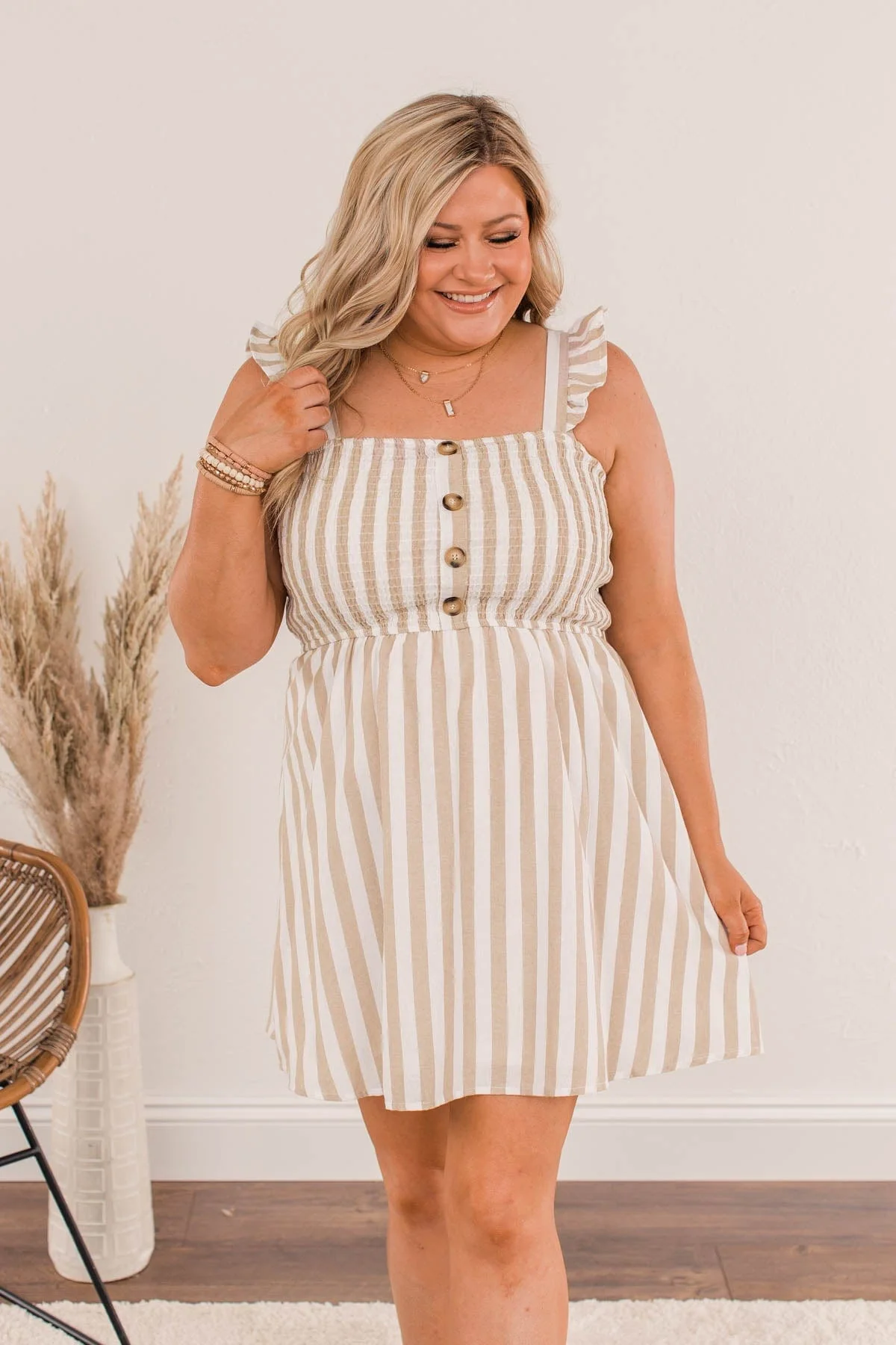 Meet Cute Smocked Mini Dress- Taupe - Image 3