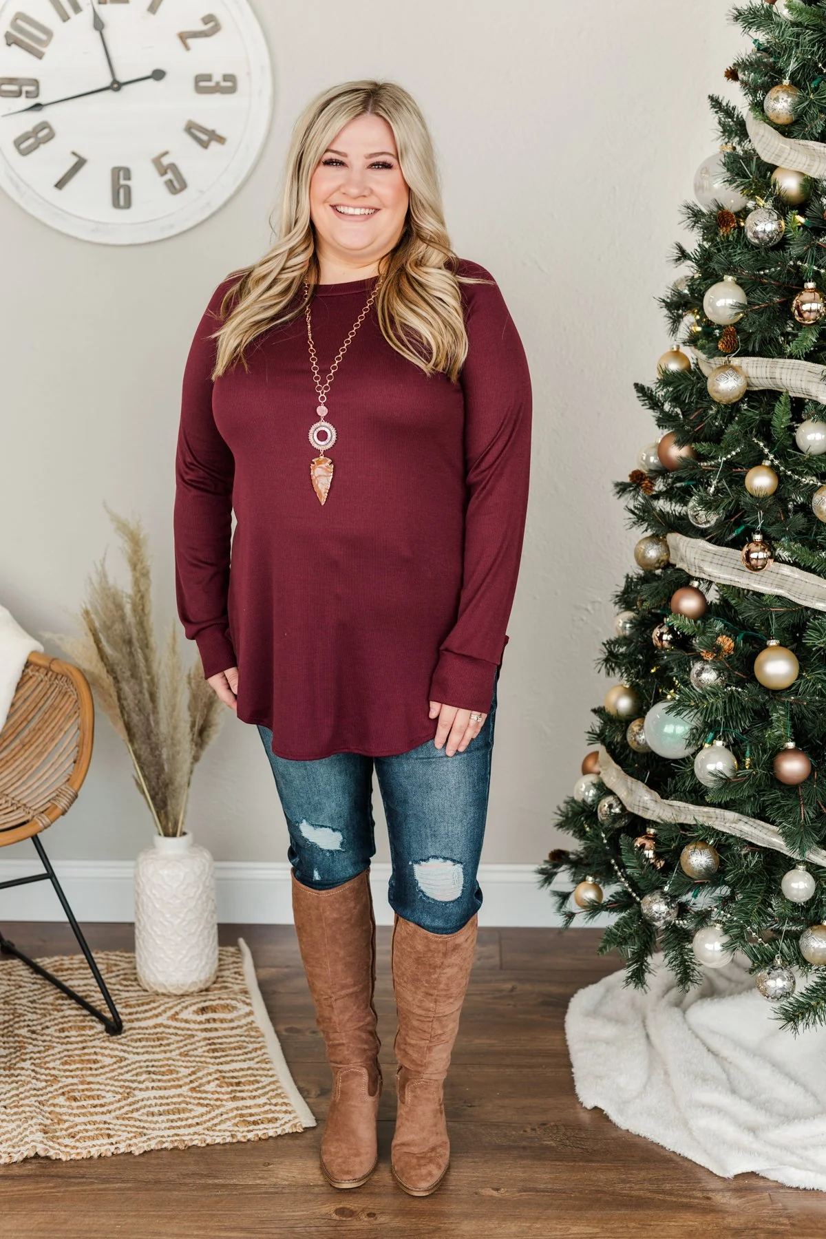 Meet In The Middle Knit Tunic Top- Burgundy - Image 2